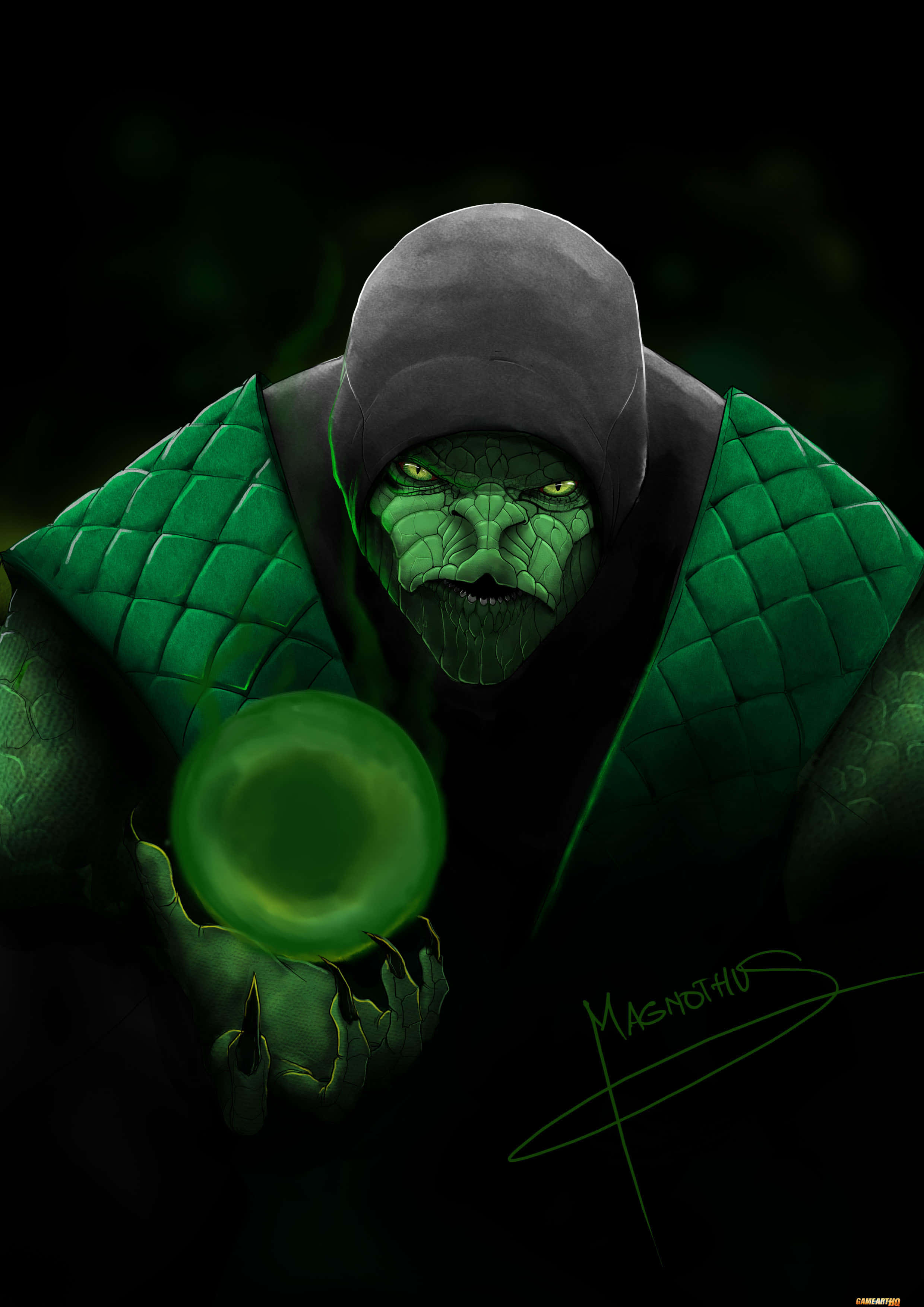 Mortal Kombat Reptile 桌布 壁紙 — 一個戴著兜帽、皮膚呈綠色、眼睛發光、帶有威脅性的身影，在黑暗背景中手持一個發光的綠色球體。