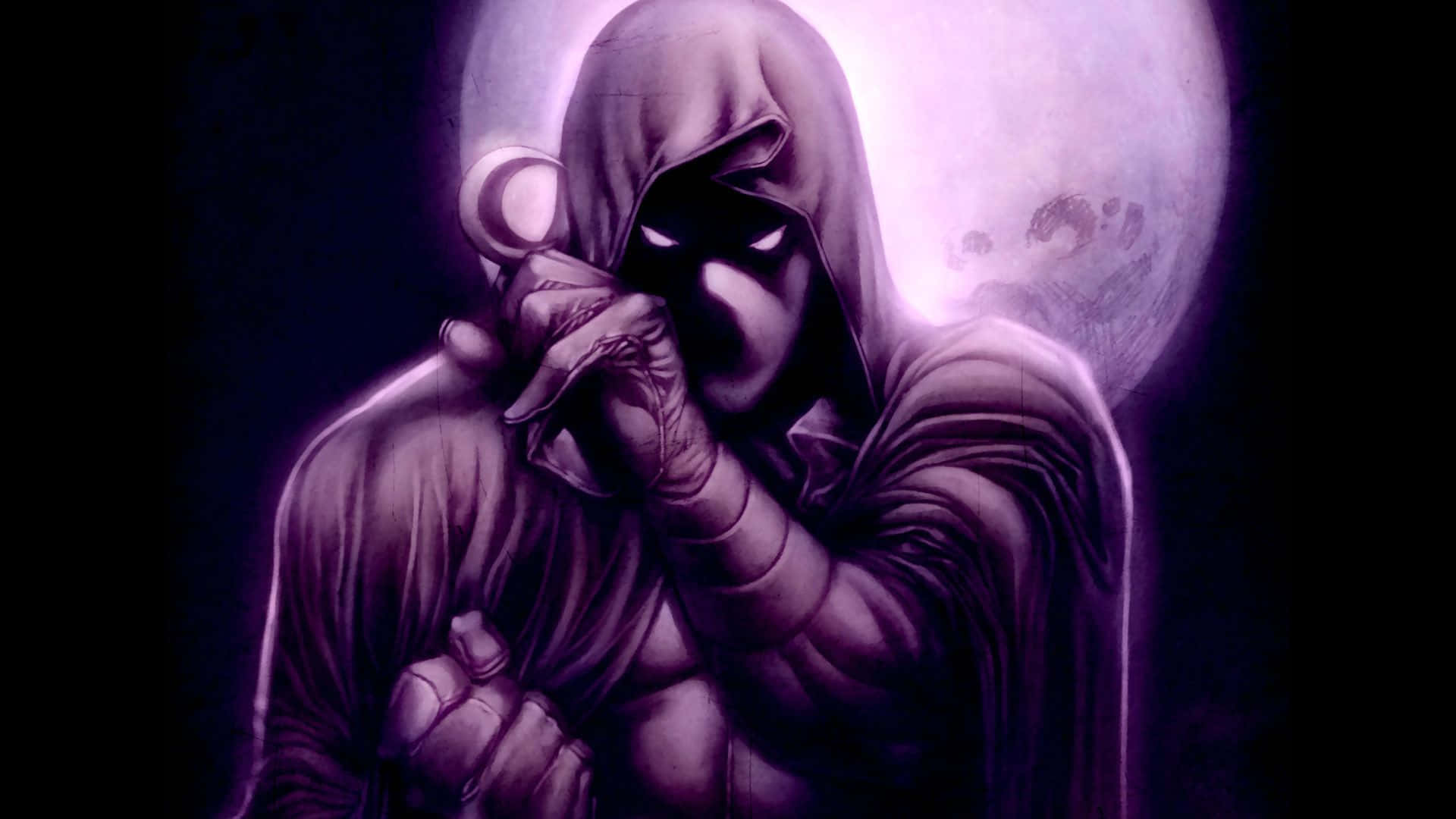 Moon Knight 桌布 壁紙 — 一個戴著兜帽、眼睛發光的人物，在深紫色月光背景下手持新月。