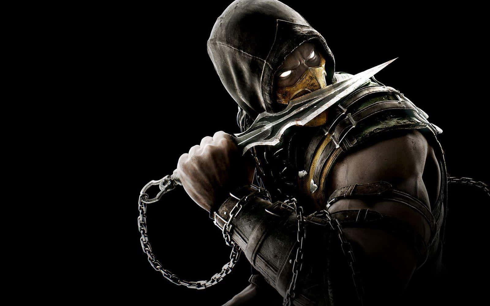 Mortal Kombat X 桌布 壁紙 — 一個戴著兜帽、眼睛發光的刺客在黑色背景下握著一把鎖鏈刀刃。