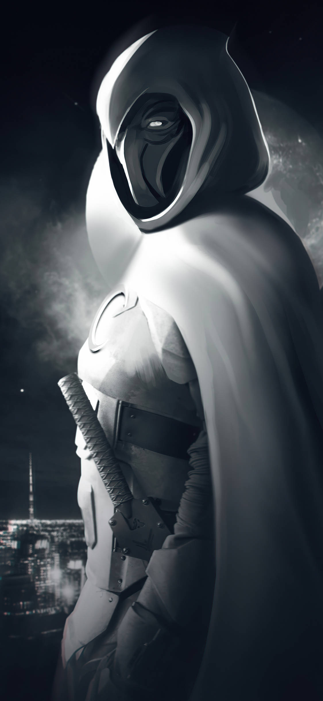 Moon Knight 桌布 壁紙 — 一個戴著兜帽、眼睛發光的義警，在繁星點點的夜空下，以剪影姿態站在發光的城市景觀之上。