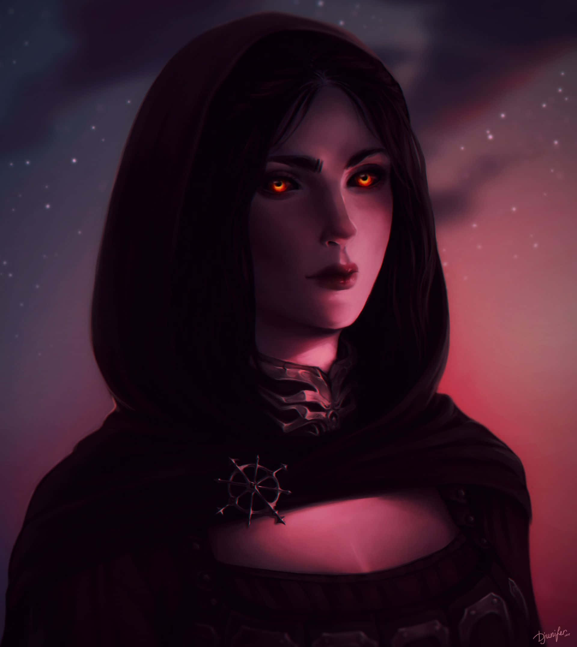 Skyrim Serana 桌布 壁紙 — 一個戴著兜帽、眼睛發出橙色光芒的身影，在帶有粉紅色和紫色色調的星空暮色天空下莊嚴地凝視。
