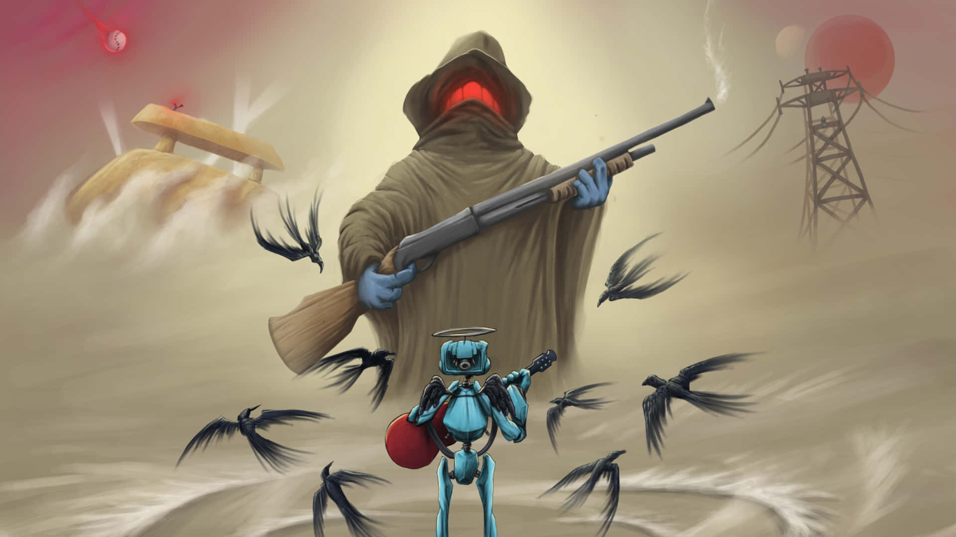 Flcl Canti 桌布 壁紙 — 一個戴著兜帽、眼睛發出紅光的人物手持獵槍，而一個藍色小機器人在飛鳥中彈結他，背景是超現實的沙漠景觀。