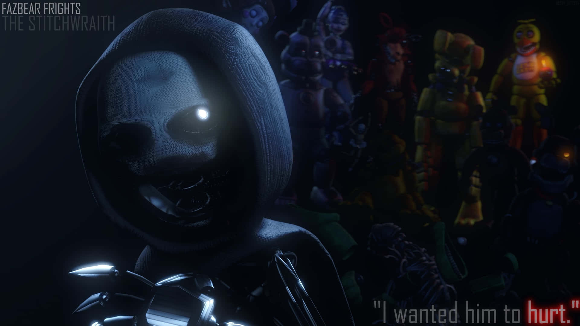 Fazbear Frights 桌布 壁紙 — 一個戴著兜帽、眼神發光的威脅性電子動畫在黑暗的房間中直視前方，周圍環繞著其他詭異的電子動畫。