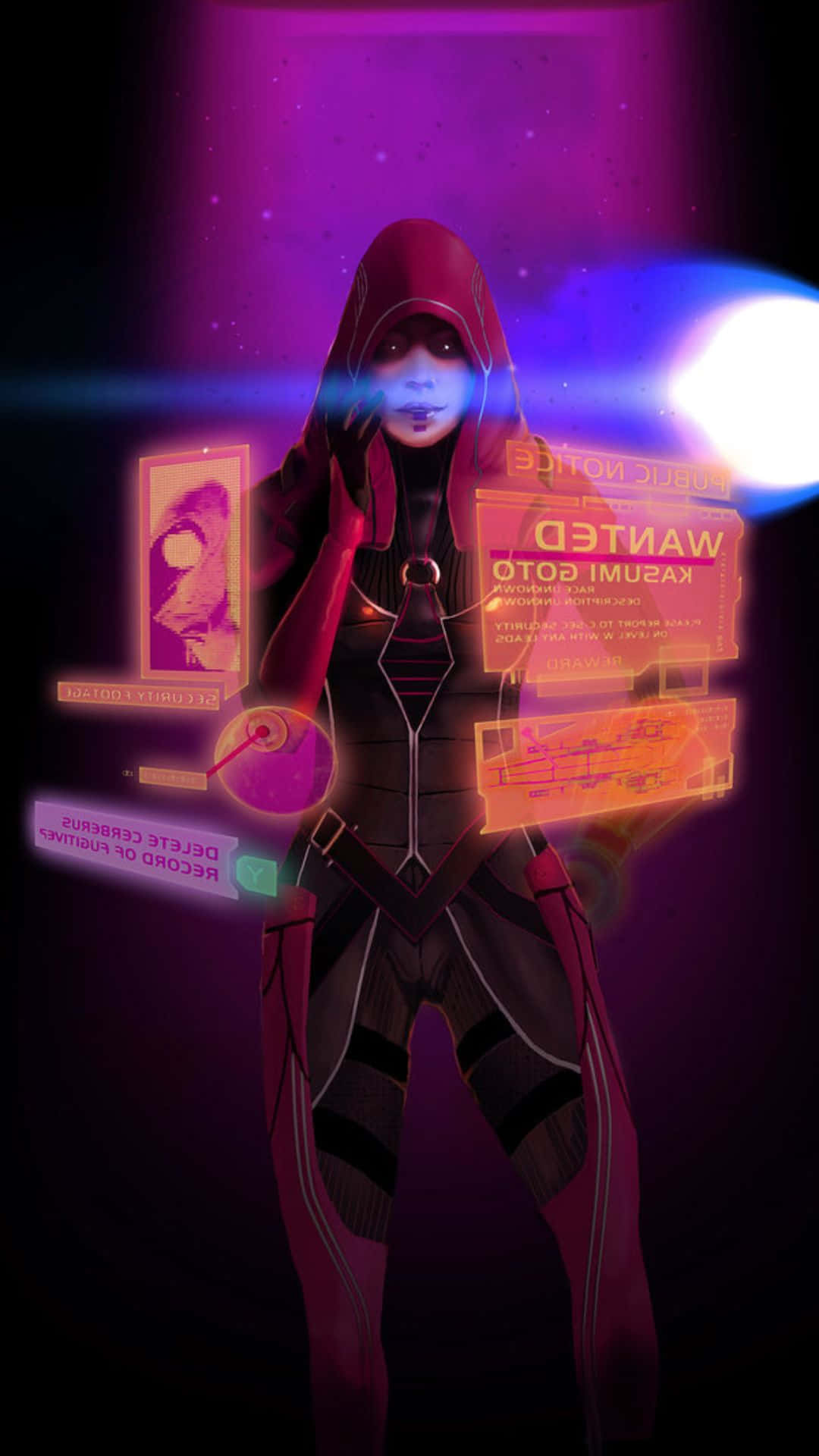 Kasumi Goto 桌布 壁紙 — 一個戴著兜帽、身穿暗色盔甲的人物，站在發光的紫色和藍色霓虹背景前，背景中有漂浮的通緝海報。