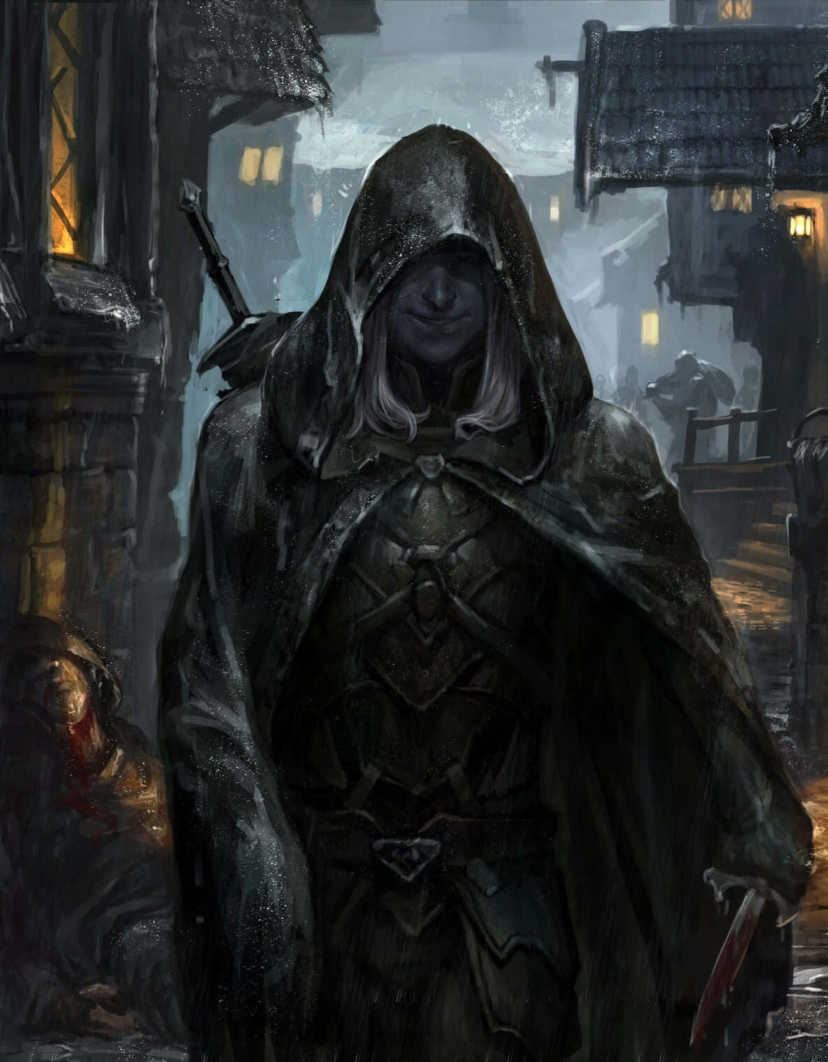 Drow Ranger 桌布 壁紙 — 一個戴著兜帽、身穿暗色盔甲的刺客，在雨淋濕的中世紀小巷中，伴隨著發光的燈籠，威嚇地站立著。