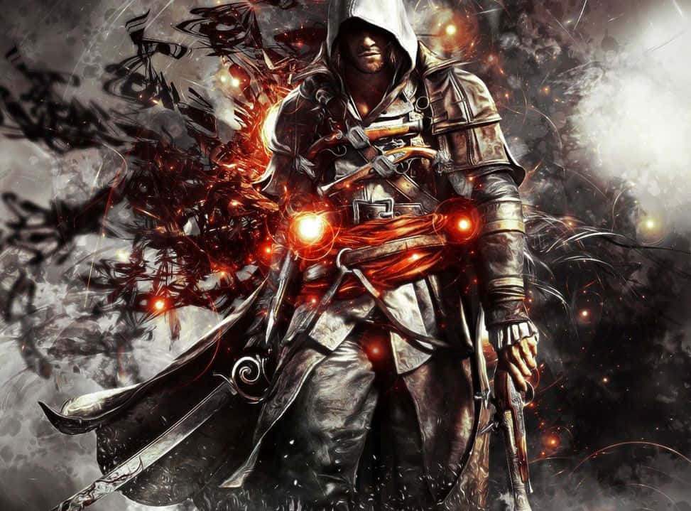 Action Games 桌布 壁紙 — 一個戴著兜帽、身穿暗色盔甲的戰士站在旋轉的紅色能量和煙霧中，腰間有發光的球體。
