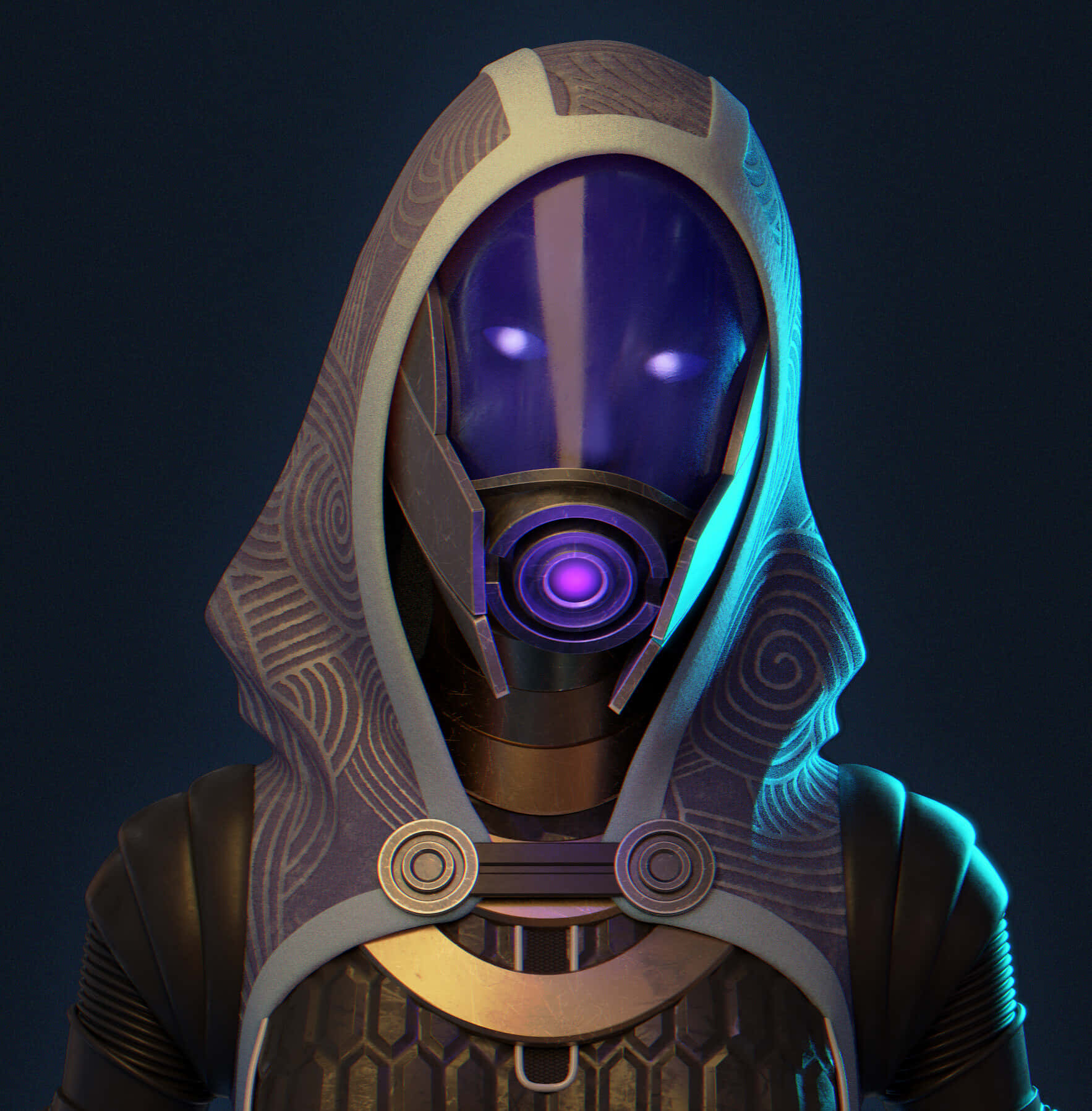 Tali'zorah 桌布 壁紙 — 一個戴著兜帽、身穿未來風格裝甲、擁有發光紫色眼睛和中央胸部透鏡的人物，背景為深色。