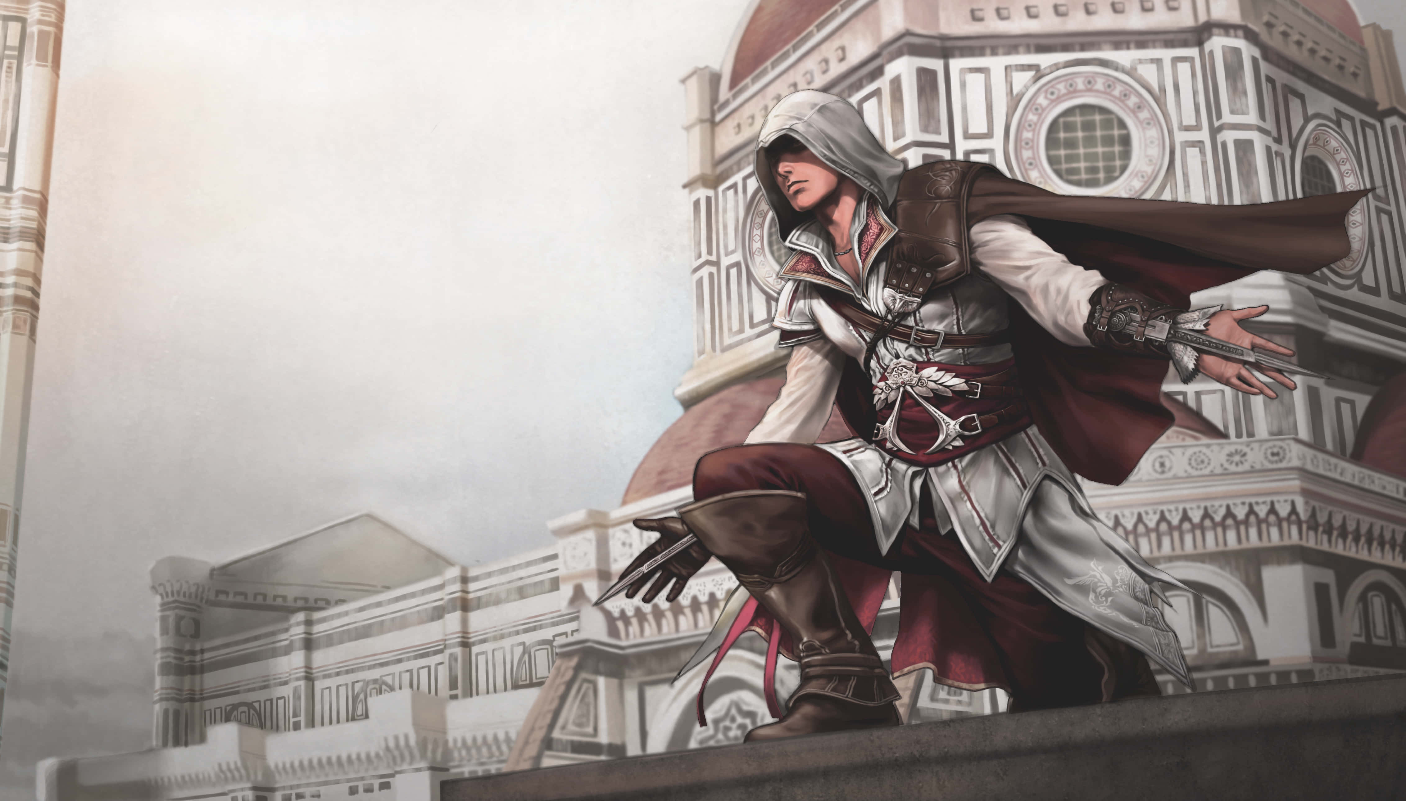 Ezio Auditore 桌布 壁紙 — 一個戴著兜帽、身穿白色和紅色長袍的刺客蹲在屋頂上，背景是華麗的文藝復興建築，天空朦朧。