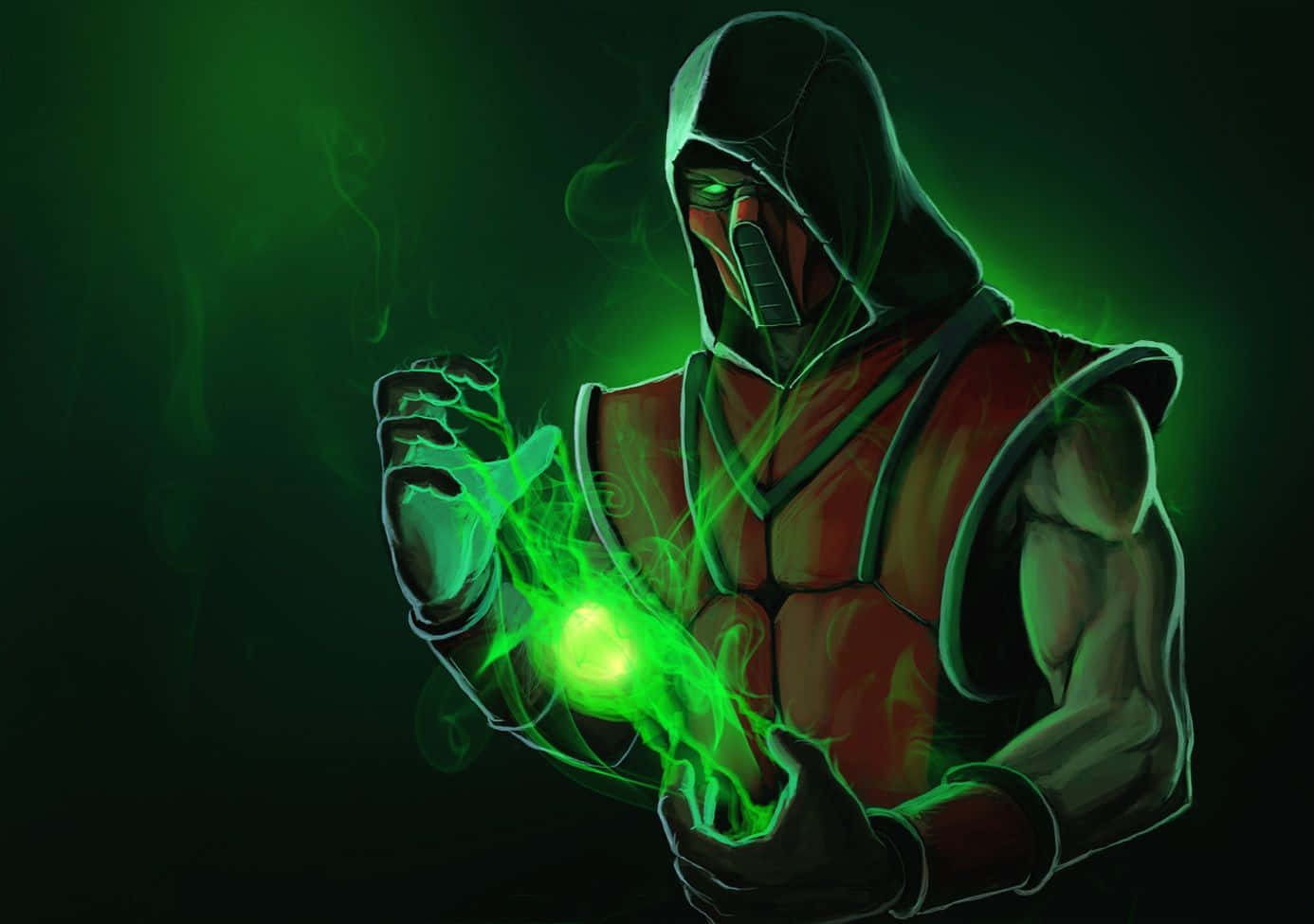 Mortal Kombat Ermac 桌布 壁紙 — 一個戴著兜帽、身穿紅色盔甲的戰士，在黑暗煙霧背景中，雙手之間引導著發光的綠色能量。