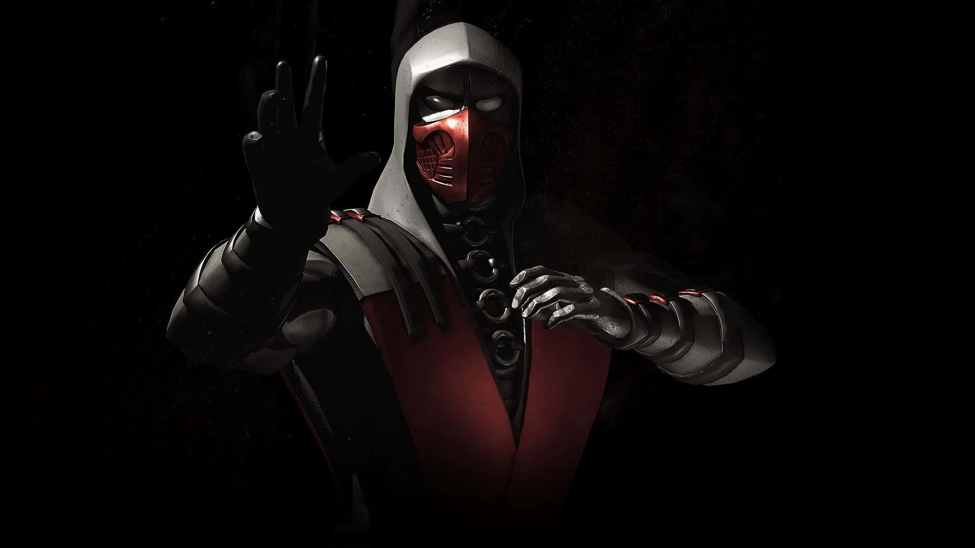 Mortal Kombat Ermac 桌布 壁紙 — 一個戴著兜帽、身穿紅黑盔甲的威脅性人物在黑暗背景中舉起手。