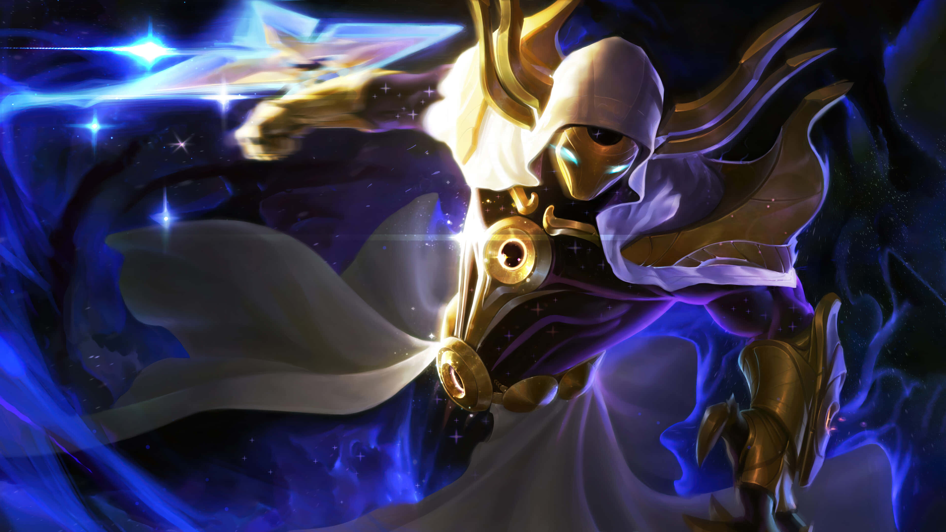 League Of Legends Champions 桌布 壁紙 — 一個戴著兜帽、身穿金色盔甲的宇宙戰士，在旋轉的藍色星雲背景下揮舞著發光的星刃。