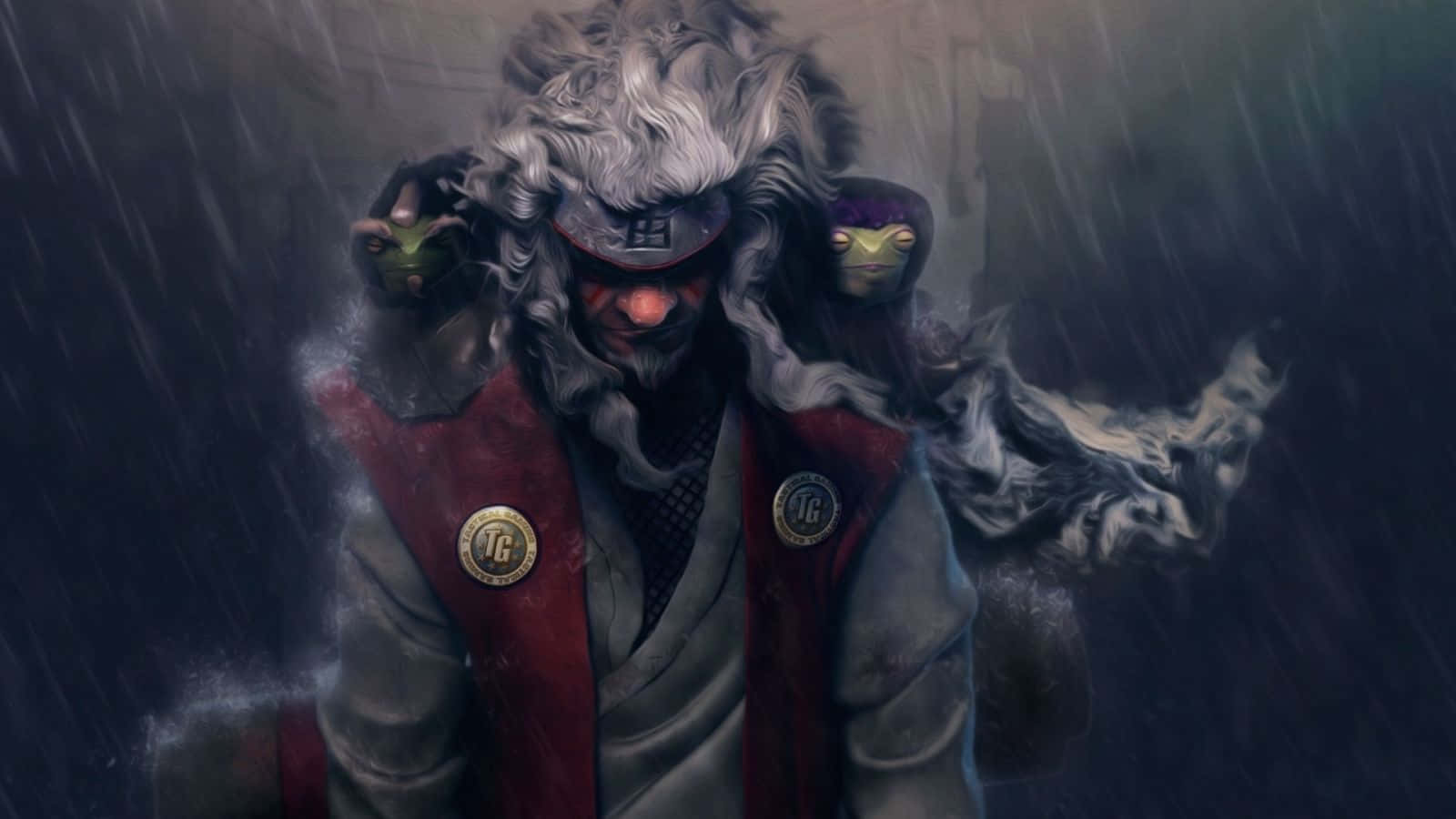 Anime Pc 桌布 壁紙 — 一個戴著兜帽、長著灰色長髮、肩上扛著青蛙般生物的人物站在黑暗的雨景中。