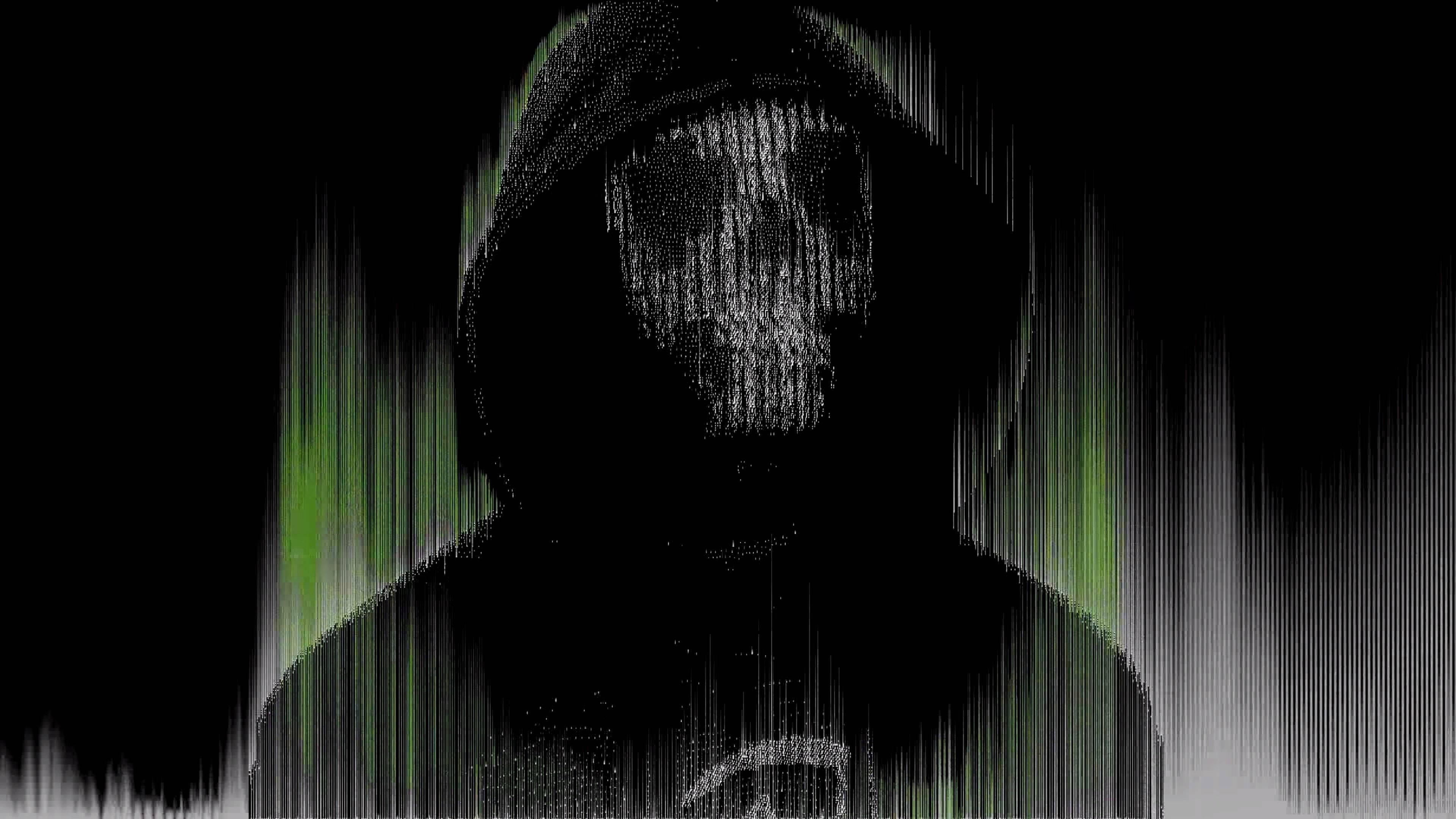 骷髏 桌布 壁紙 — 一個戴著兜帽、骷髏臉的人物，其數碼剪影出現故障，被綠色和白色的垂直數據流框住，背景是黑色虛空。