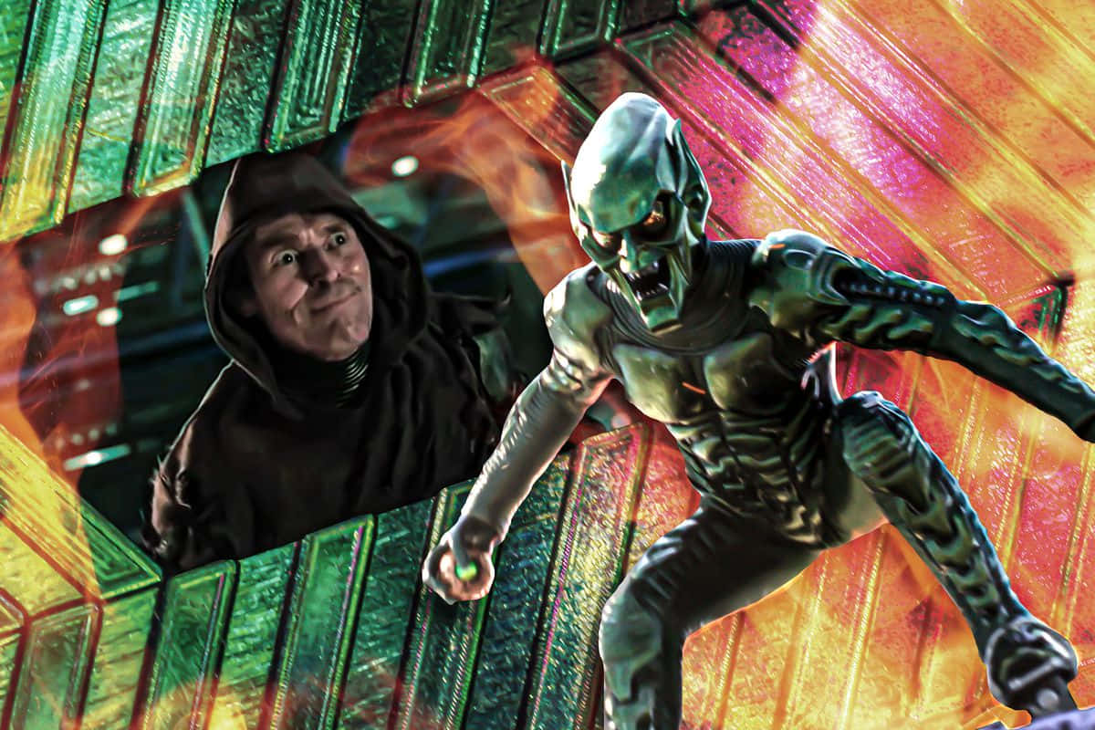 Norman Osborn 桌布 壁紙 — 一個戴著兜帽嘅男人喺一個充滿霓虹燈、帶有火橙色同電光綠色燈光嘅未來主義走廊入面，面對一個綠色皮膚嘅外星人。