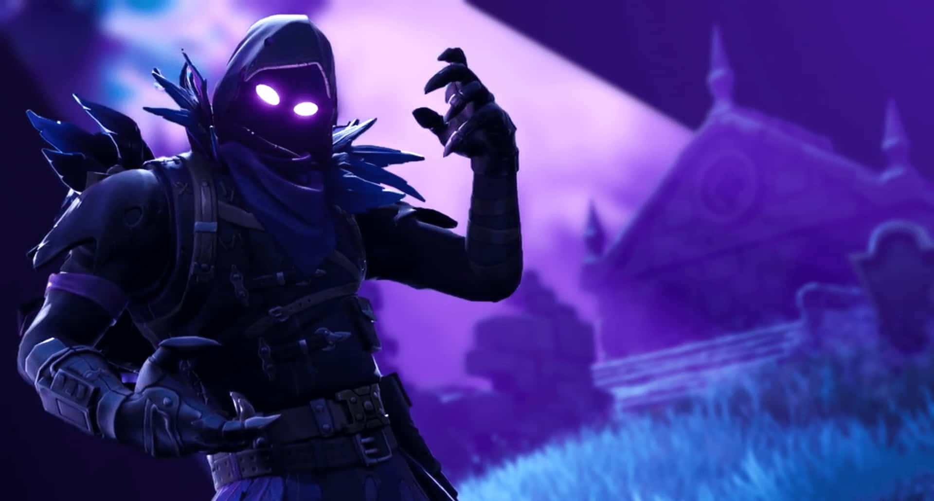 Fye No Skin Fortnite 桌布 壁紙 — 一個戴著兜帽的Fortnite角色，眼睛發光，站在紫色調的墓園中，天空戲劇性十足。
