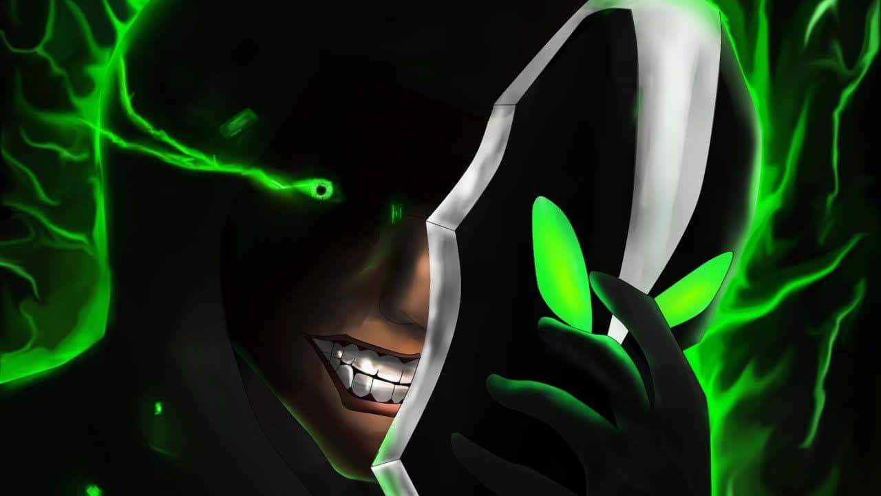 Rubick 桌布 壁紙 — 一個戴著兜帽的人物，擁有發光的綠色眼睛和邪惡的笑容，在黑暗背景中拿著一片發光的綠色葉子，周圍環繞著電光綠色的能量。