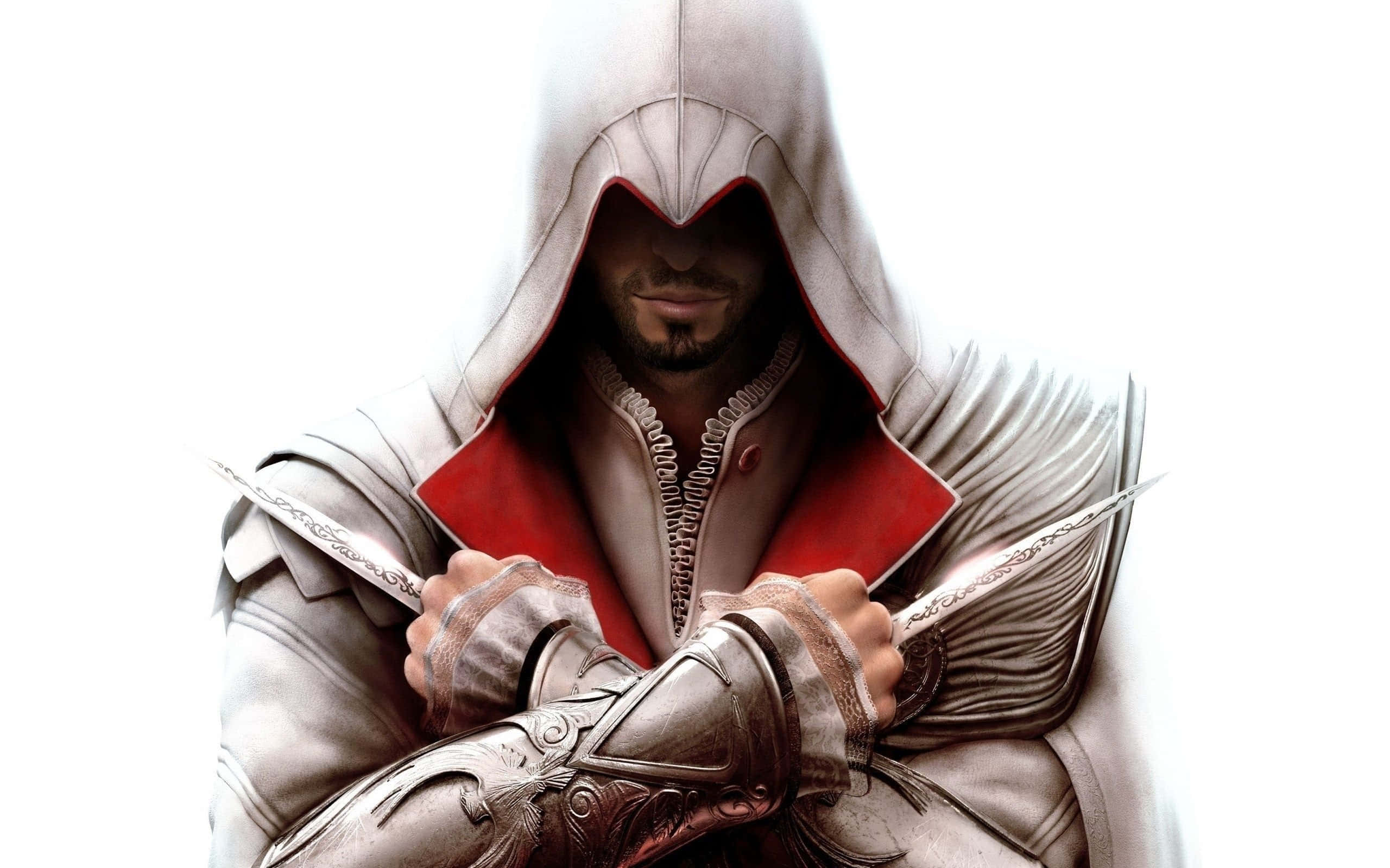 Connor Kenway 桌布 壁紙 — 一個戴著兜帽的刺客，身穿白色和紅色長袍，在純白色背景前緊握兩把華麗的刀刃。