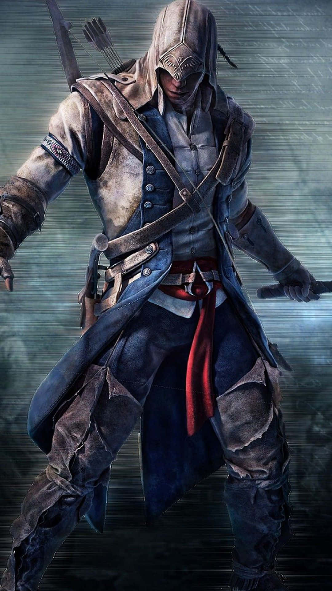 3d Gaming 桌布 壁紙 — 一個戴著兜帽的刺客，身穿破爛的藍色外套和紅色腰帶，在模糊的綠色背景下手持刀劍和弓箭，蓄勢待發。