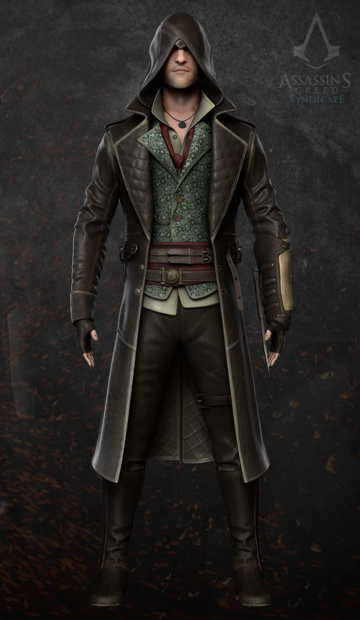 Jacob Frye 桌布 壁紙 — 一個戴著兜帽的刺客，身穿細節豐富的皮衣，在粗糙紋理的背景前擺出姿勢。
