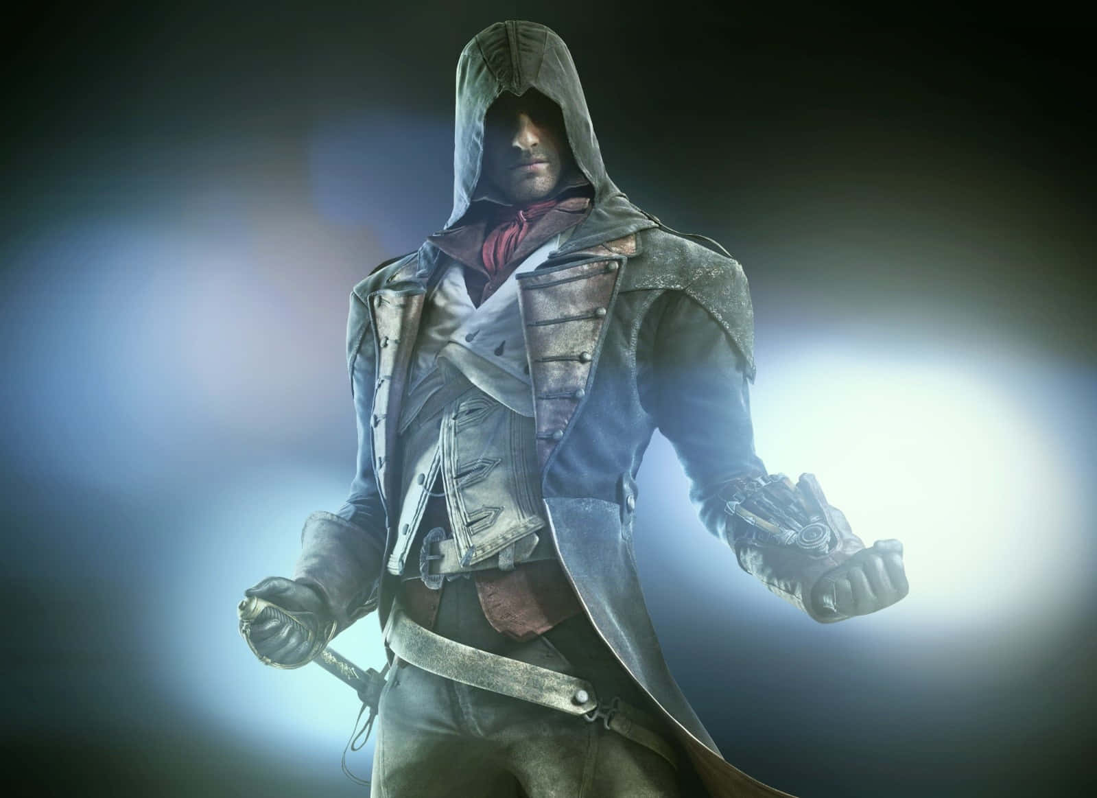 Arno Dorian 桌布 壁紙 — 一個戴著兜帽的刺客，身穿細節豐富的外套，在發光的藍色背景下持刀擺出姿勢。