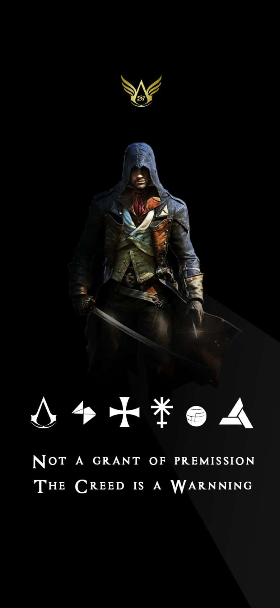 Arno Dorian 桌布 壁紙 — 一個戴著兜帽的刺客以陰影剪影站立，手持刀刃，背景為黑色，下方有符號和信條文字。