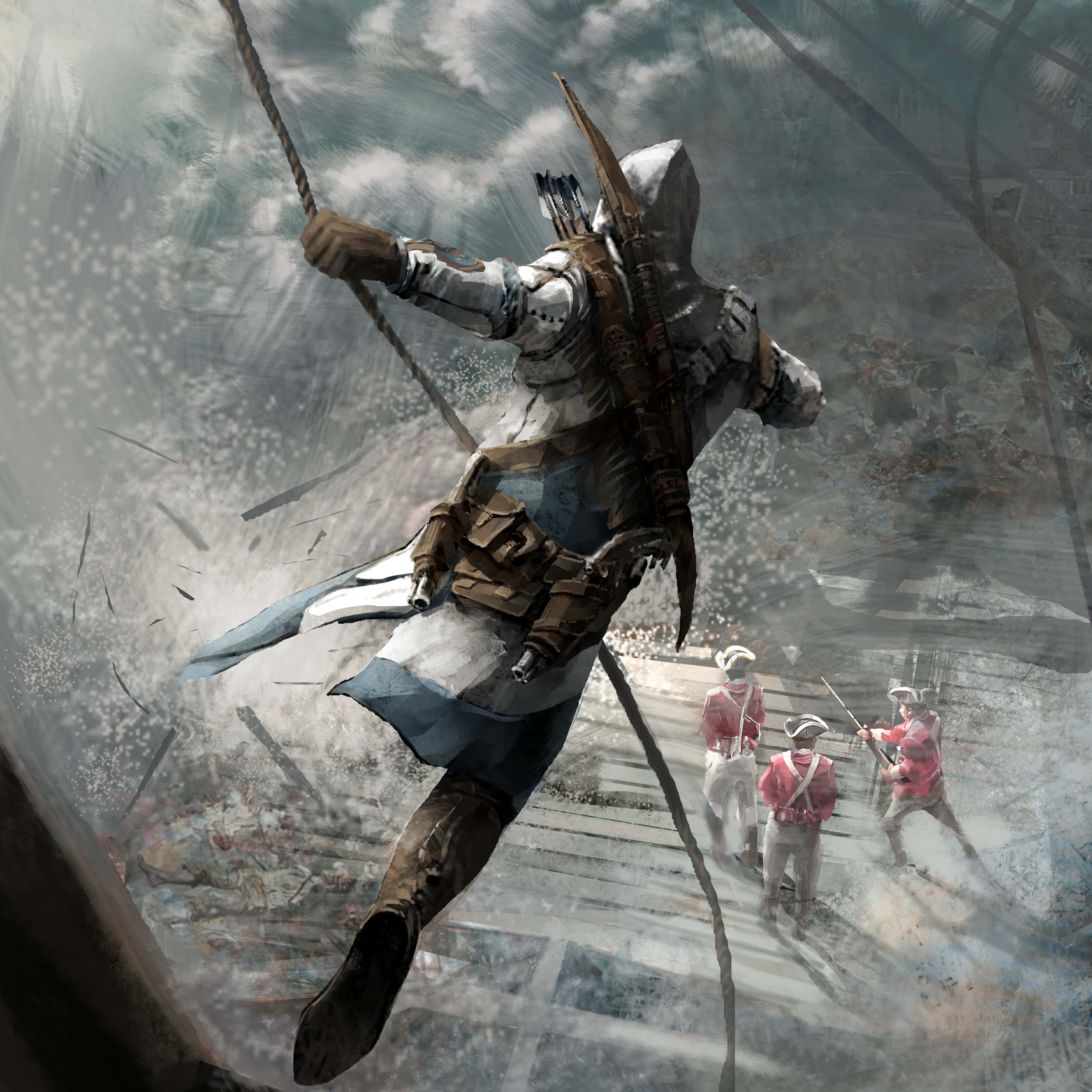 Ezio Auditore 桌布 壁紙 — 一個戴著兜帽的刺客在戰場上方搖擺繩索，下方身穿紅外套的士兵舉起他們的火槍。