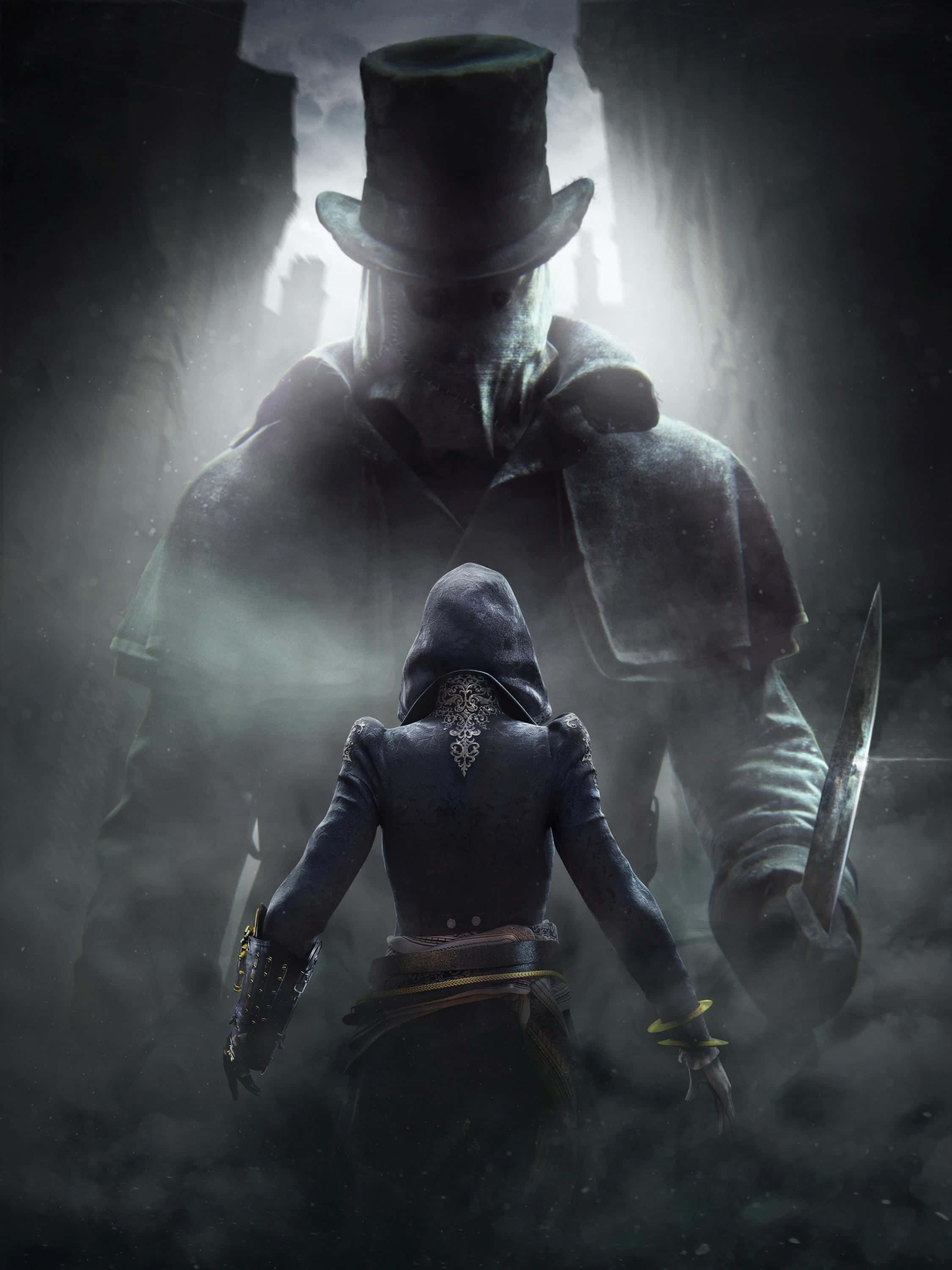 Evie Frye 桌布 壁紙 — 一個戴著兜帽的刺客在霧氣瀰漫、光線昏暗的洞穴中，面對一個高聳的陰影人物，背景光線戲劇性。