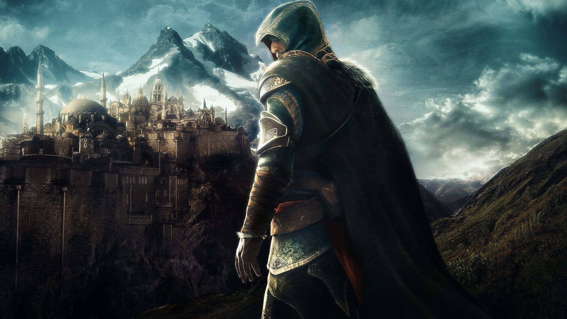3d Gaming 桌布 壁紙 — 一個戴著兜帽的刺客站在懸崖上，俯瞰著一座坐落在白雪覆蓋的山脈之間、暴風雨天空下的廣闊中世紀城市。
