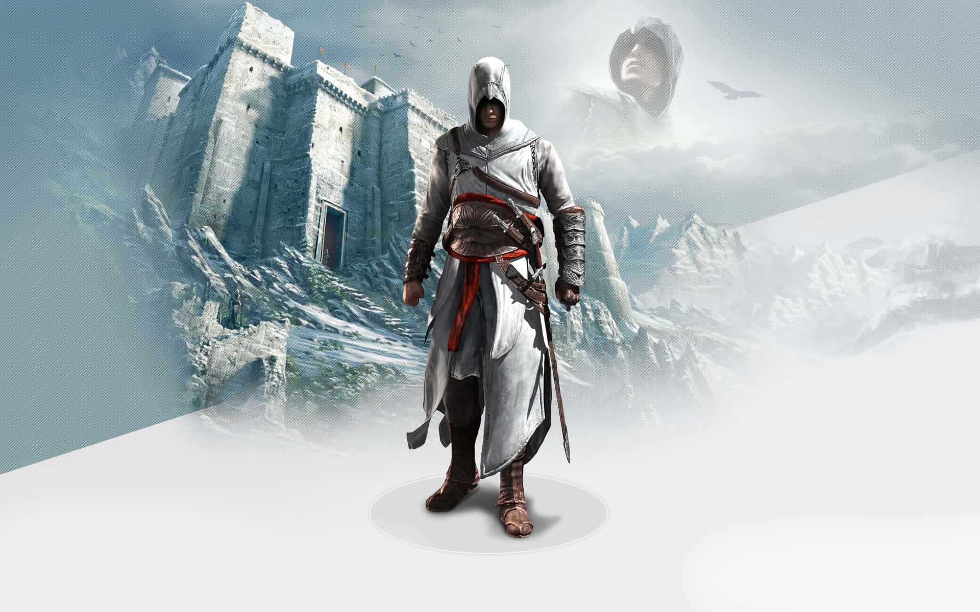 Assassin's Creed Altair 桌布 壁紙 — 一個戴著兜帽的刺客站在白雪覆蓋的山脈中，背景迷霧中有一座城堡和一個幽靈般的身影。