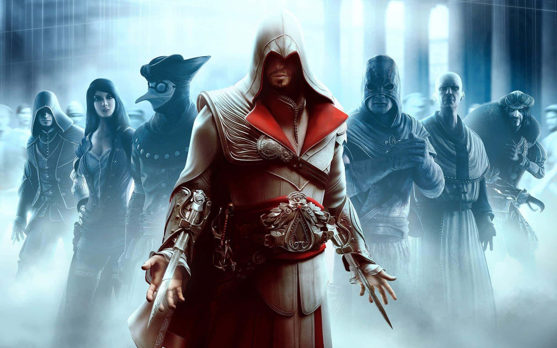 Assassin's Creed Brotherhood 桌布 壁紙 — 一個戴著兜帽的刺客站在舞台中央，拔出刀刃，兩旁是陰影中的盟友，身處霧氣瀰漫、電影感的數位場景中。