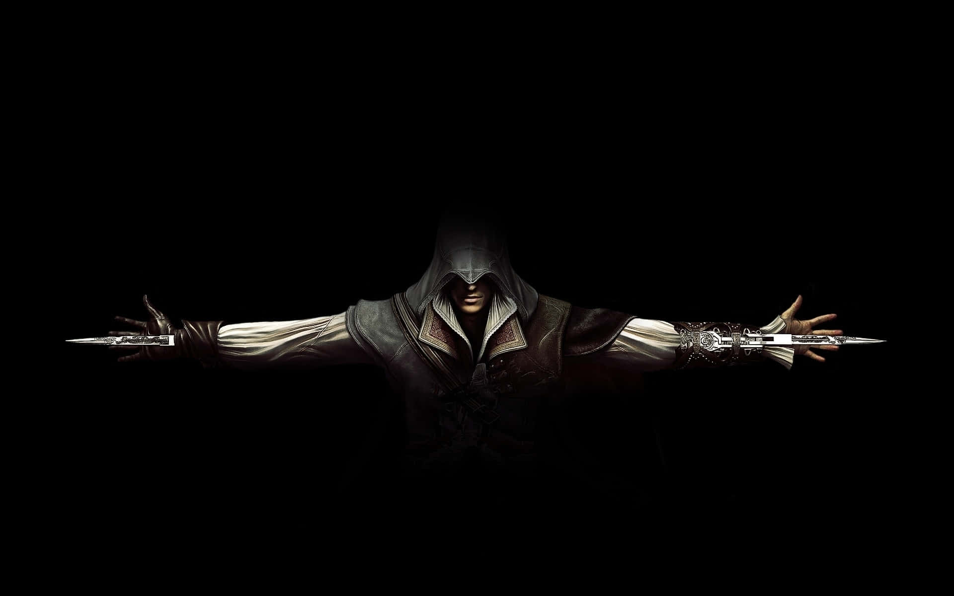 assassin's creed 桌布 壁紙 — 一個戴著兜帽的刺客站在黑色背景前，雙臂伸展，握著隱藏的刀刃。