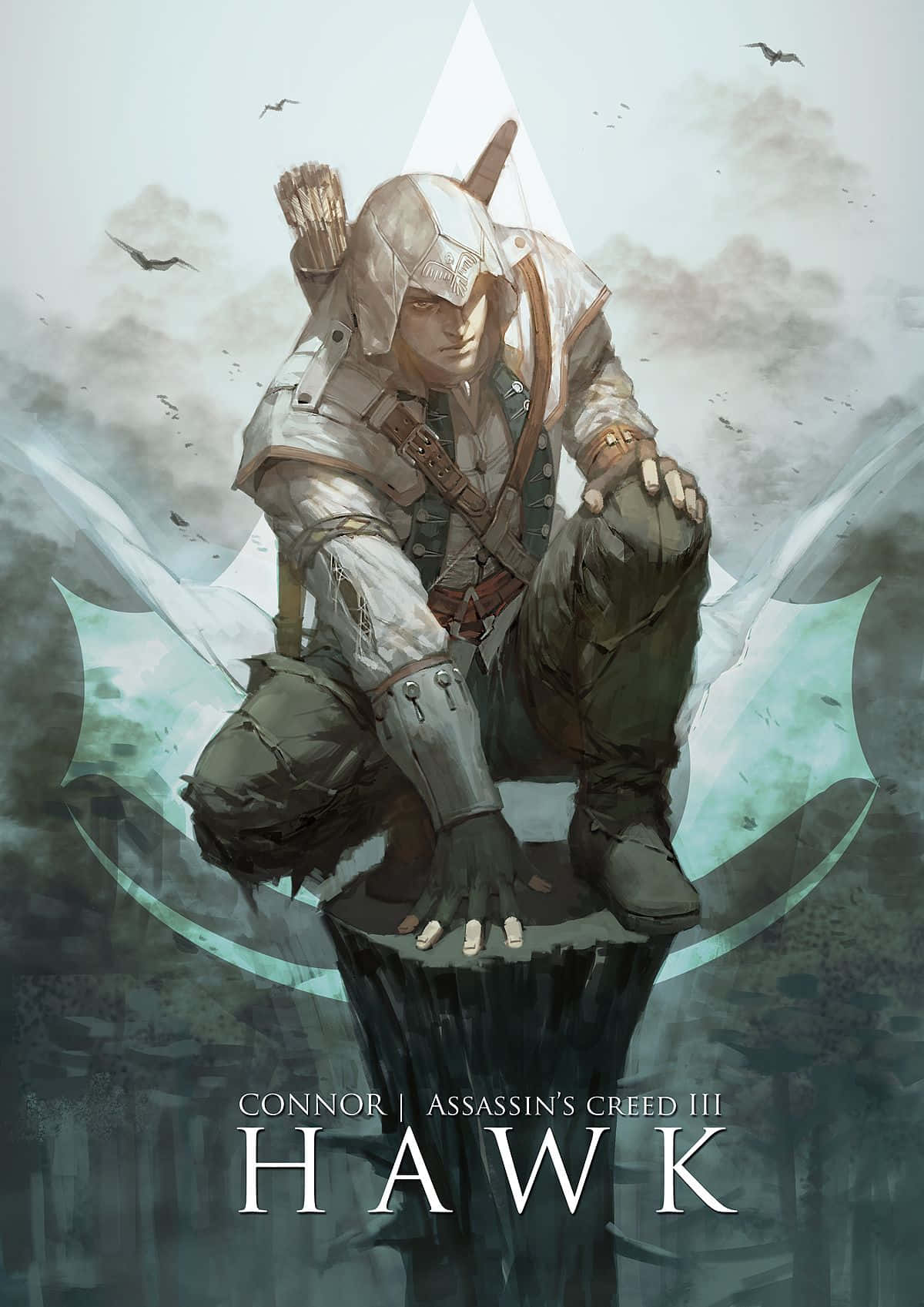 Connor Kenway 桌布 壁紙 — 一個戴著兜帽的刺客蹲在石柱上，背景是霧濛濛的天空，頭頂有鳥兒飛過。