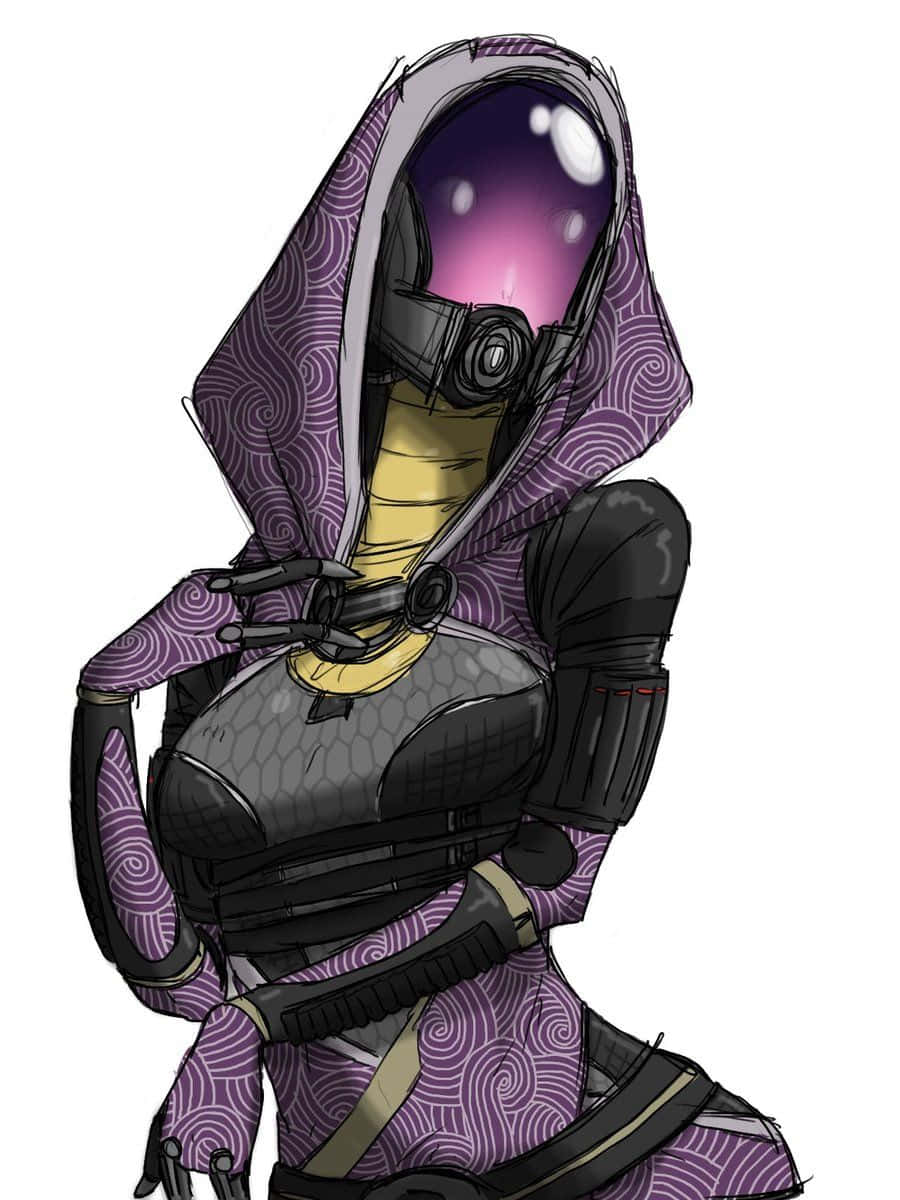 Tali'zorah 桌布 壁紙 — 一個戴著兜帽的動漫角色，戴著發光的紫色頭盔和旋轉的紫色盔甲，以自信的姿勢站立。