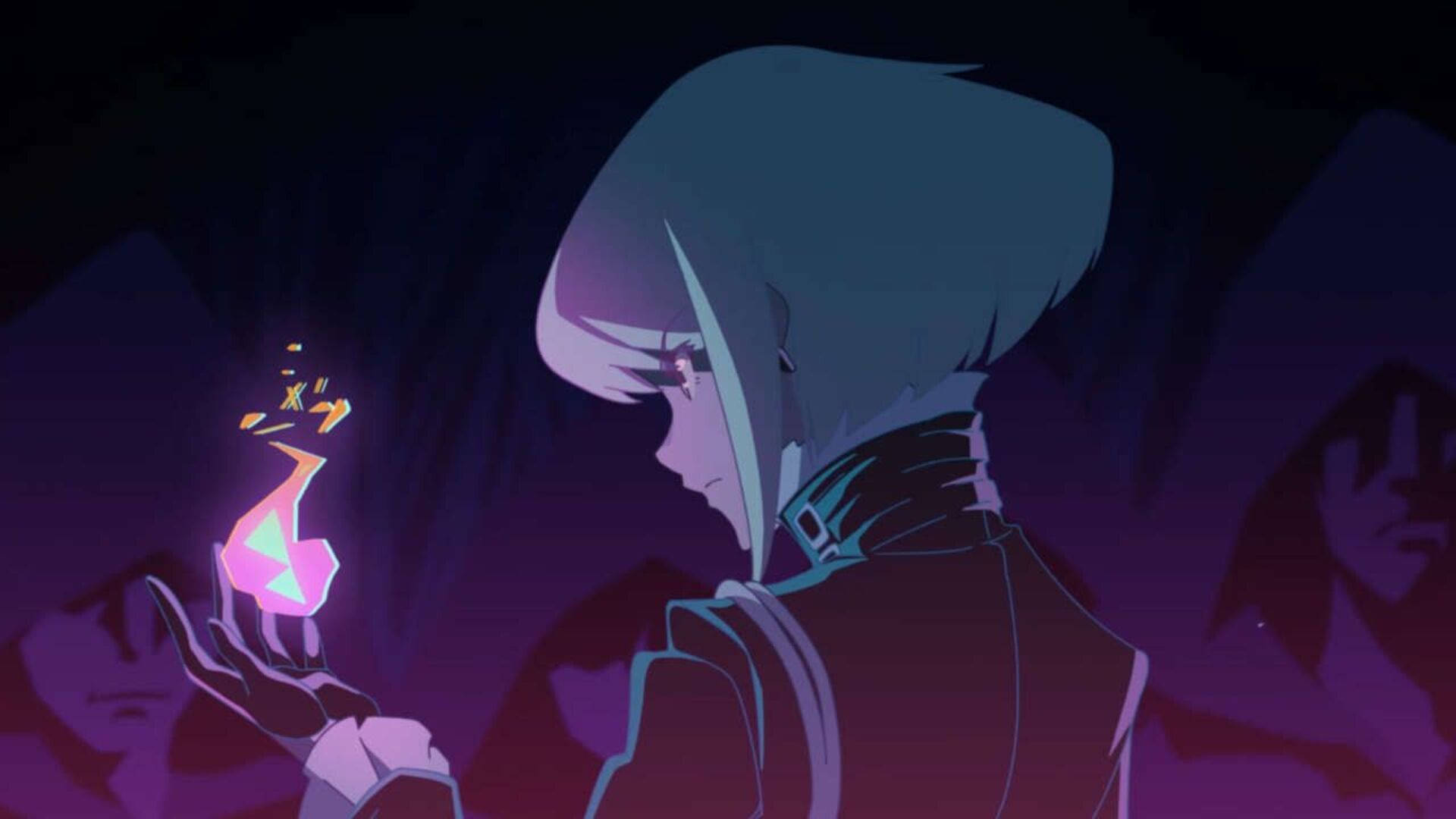 Lio With Fire Promare 壁紙 — 一個戴著兜帽的動漫角色在深紫色洞穴中手持發光的粉紅色寶石，背後有陰影人物潛伏。