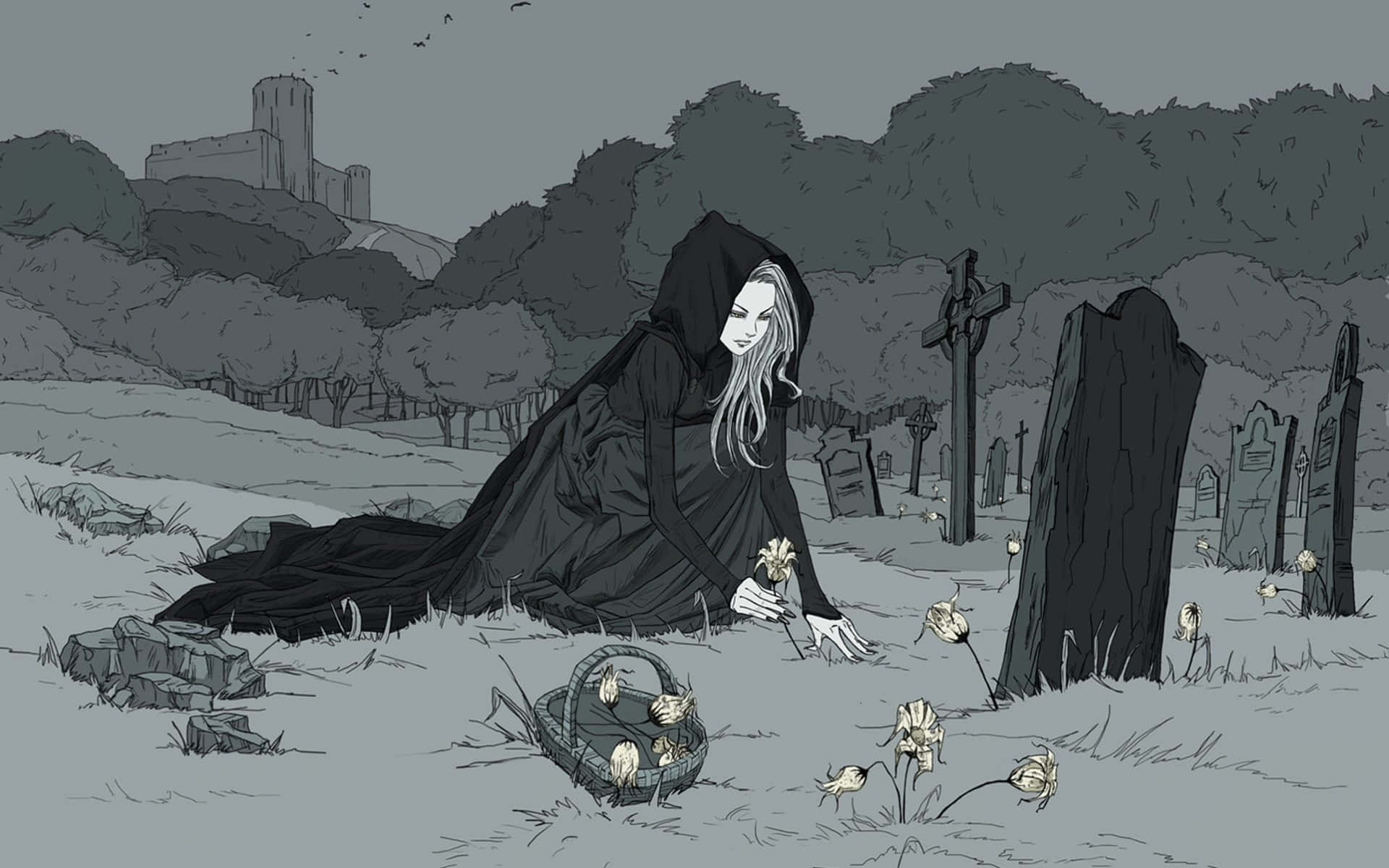 Sad Dark Anime 桌布 壁紙 — 一個戴著兜帽的女人跪在霧氣瀰漫的墓地裡，將白花放在墓碑上，遠處陰暗處有一座城堡。