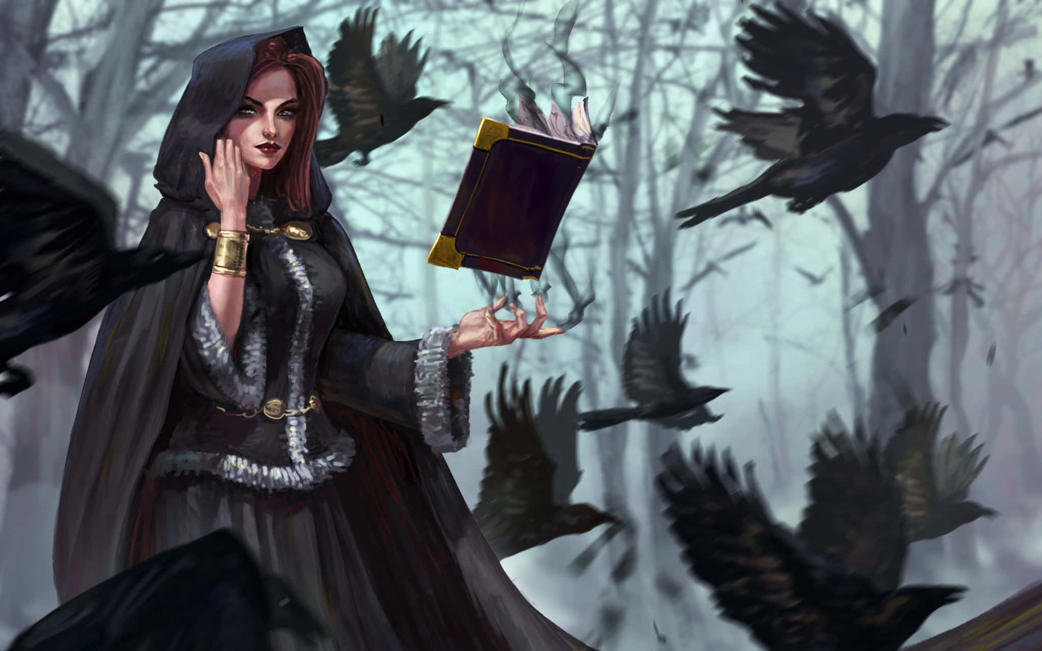 Grimoire 桌布 壁紙 — 一個戴著兜帽的女巫在黑暗的森林中，從一本發光的書中召喚出黑色的烏鴉，書頁上煙霧裊裊升起。