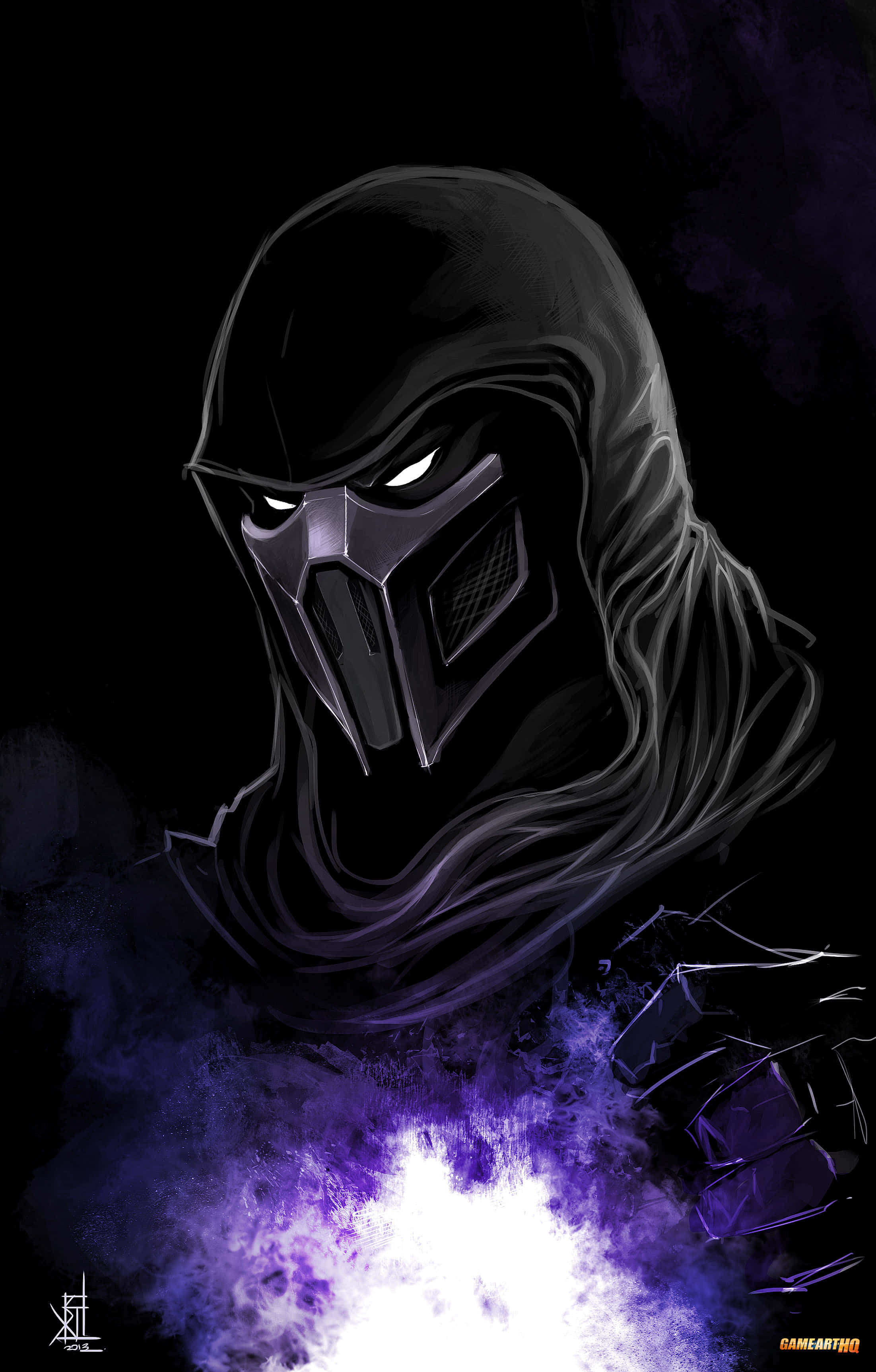 Mortal Kombat Noob Saibot 桌布 壁紙 — 一個戴著兜帽的威脅人物，在黑暗背景中散發著發光的白色眼睛和紫色能量光環。