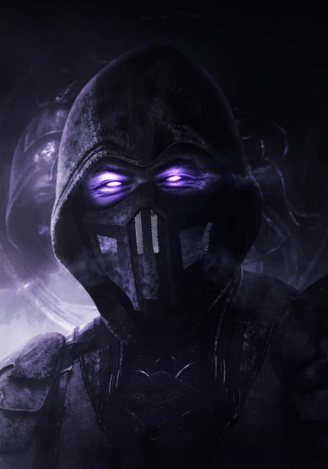 Mortal Kombat Noob Saibot 桌布 壁紙 — 一個戴著兜帽的威脅人物，擁有發光的紫色眼睛，在黑暗煙霧繚繞的環境中凝視著。