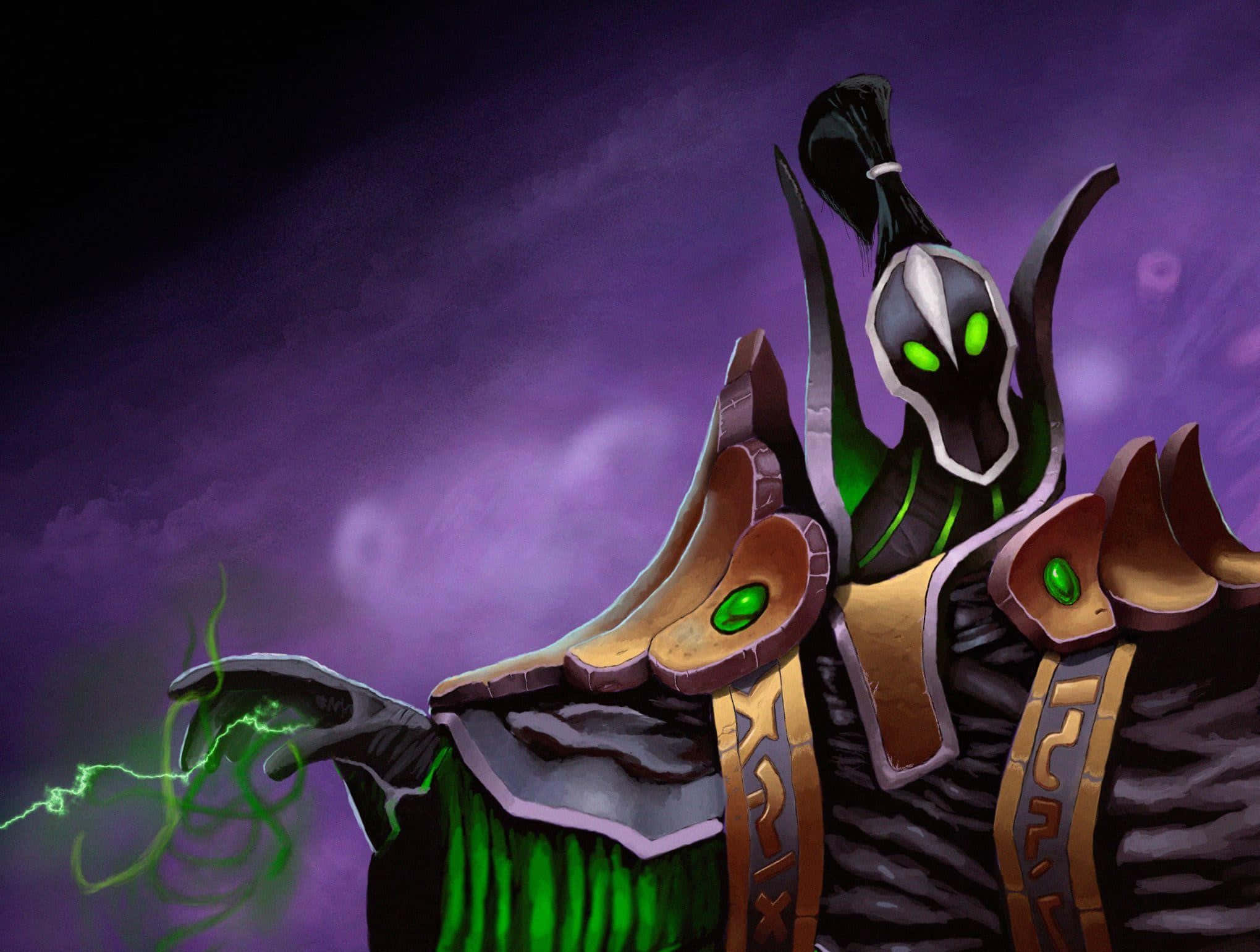 Rubick 桌布 壁紙 — 一個戴著兜帽的威脅人物，眼睛發出綠色光芒，手中散發出噼啪作響的綠色能量，背景是深紫色的暴風雨天空。