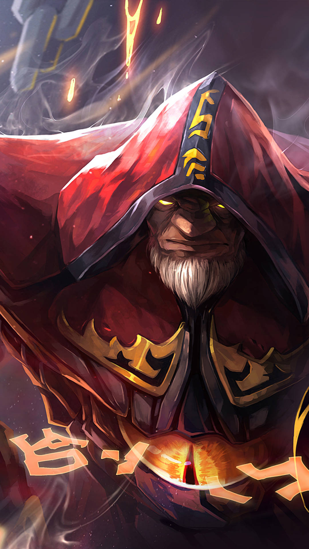 遊戲 桌布 壁紙 — 一個戴著兜帽的巫師，眼睛發光，身披紅色斗篷，站在旋轉的黑暗能量和金色符文之中。