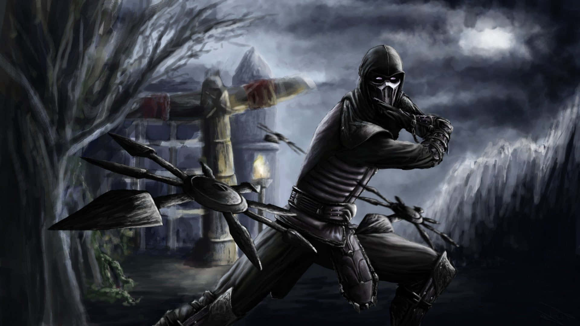 Mortal Kombat Noob Saibot 桌布 壁紙 — 一個戴著兜帽的忍者戰士在黑暗暴風雨的森林中揮舞著帶刺的武器，背景是一座月光下的城堡。
