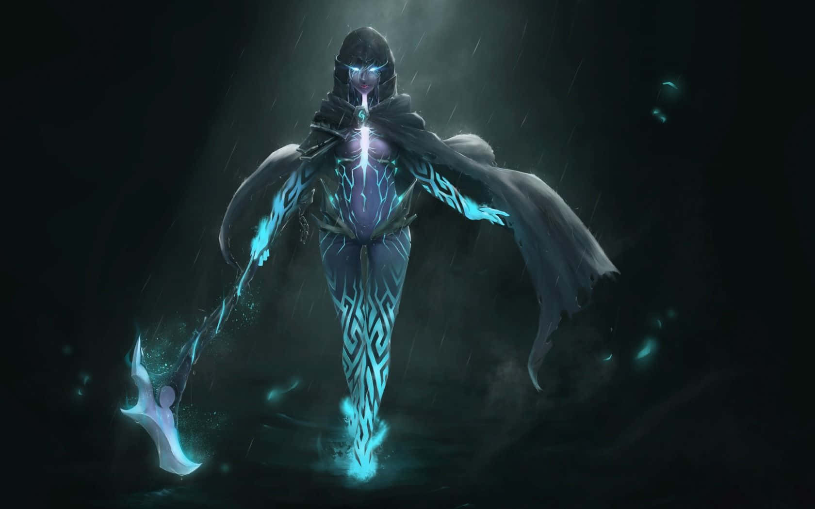 Phantom Assassin 桌布 壁紙 — 一個戴著兜帽的戰士，身上有發光的藍色符文和一把幽靈斧，站在黑暗的雨景中，散發著神秘的能量。