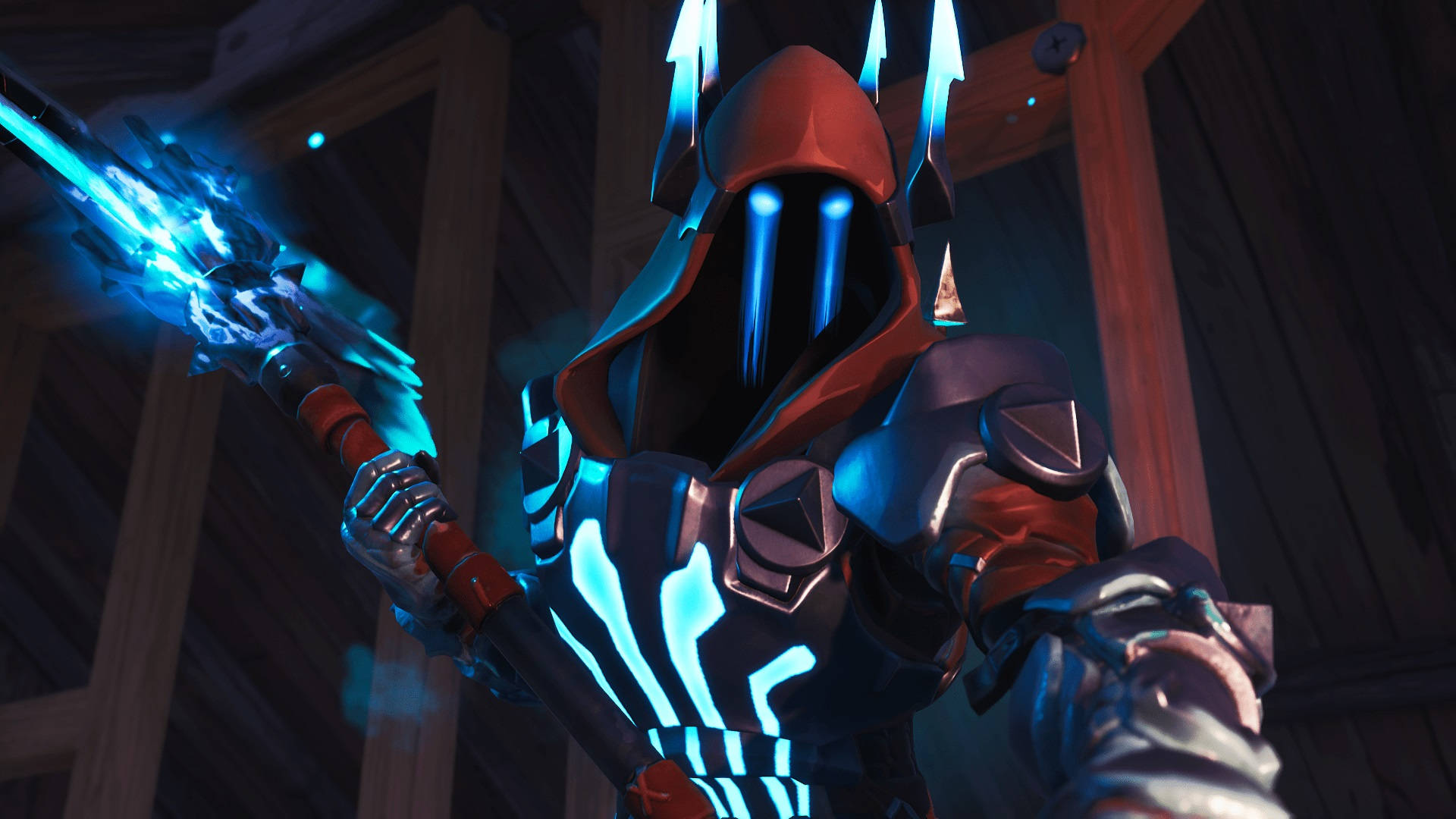 Fortnite 造型 桌布 壁紙 — 一個戴著兜帽的戰士，身穿發光的藍色和紅色盔甲，在木結構內揮舞著噼啪作響的能量武器。