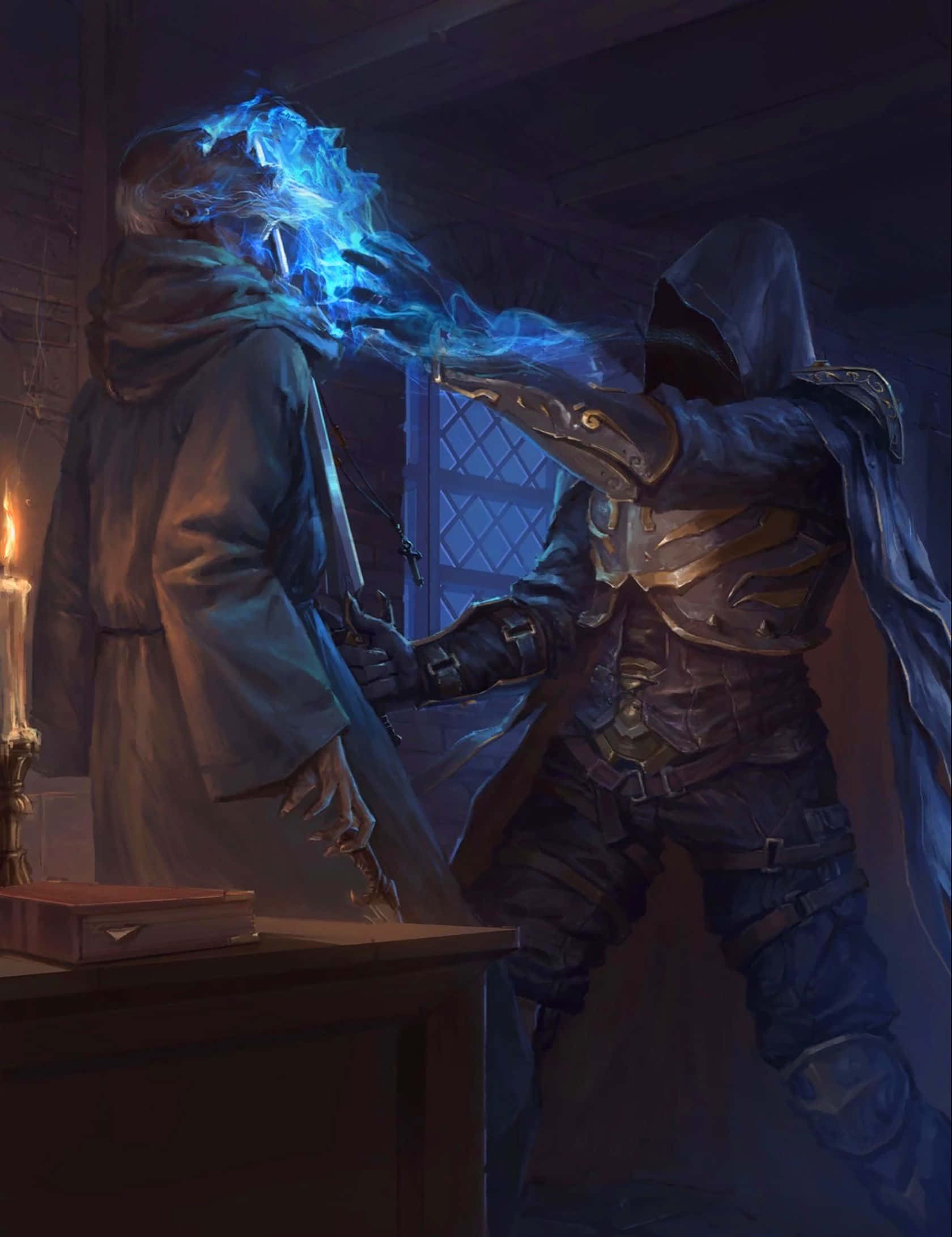 Dark Power 桌布 壁紙 — 一個戴著兜帽的戰士在昏暗的燭光房間中，將藍色魔法能量傳導給一個穿著長袍的人物。