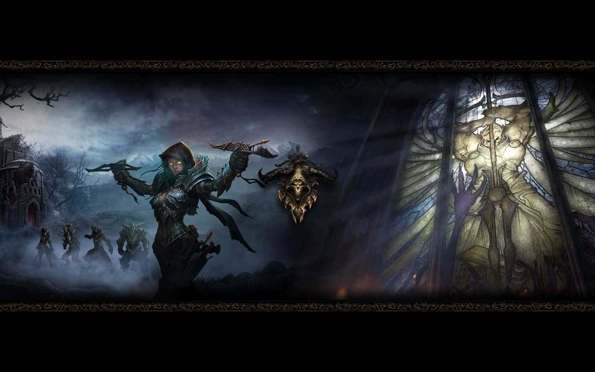 Demon Hunting 桌布 壁紙 — 一個戴著兜帽的戰士在風暴天空下，以詭異廢墟和一個高聳的幽靈般身影為背景，揮舞著發光的武器。