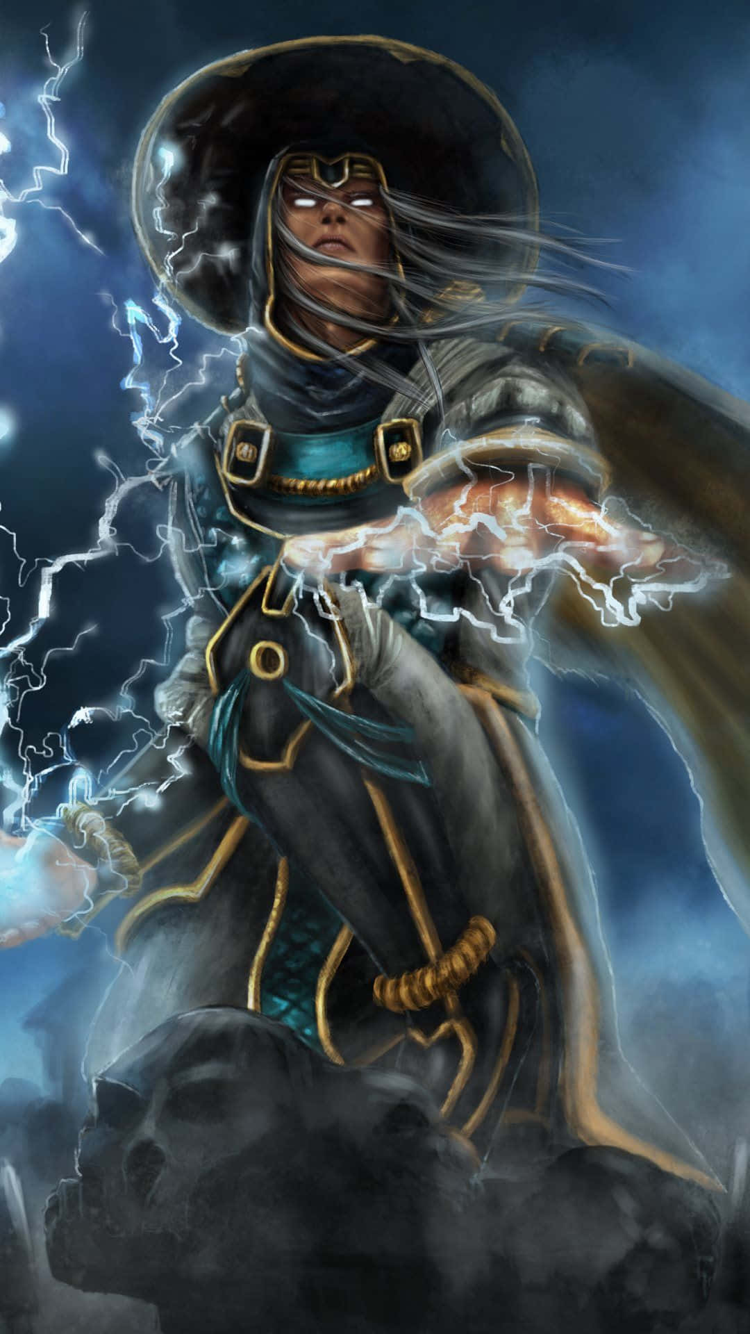 Mortal Kombat Raiden 桌布 壁紙 — 一個戴著兜帽的戰士從手中向暴風雨的天空釋放出噼啪作響的閃電。