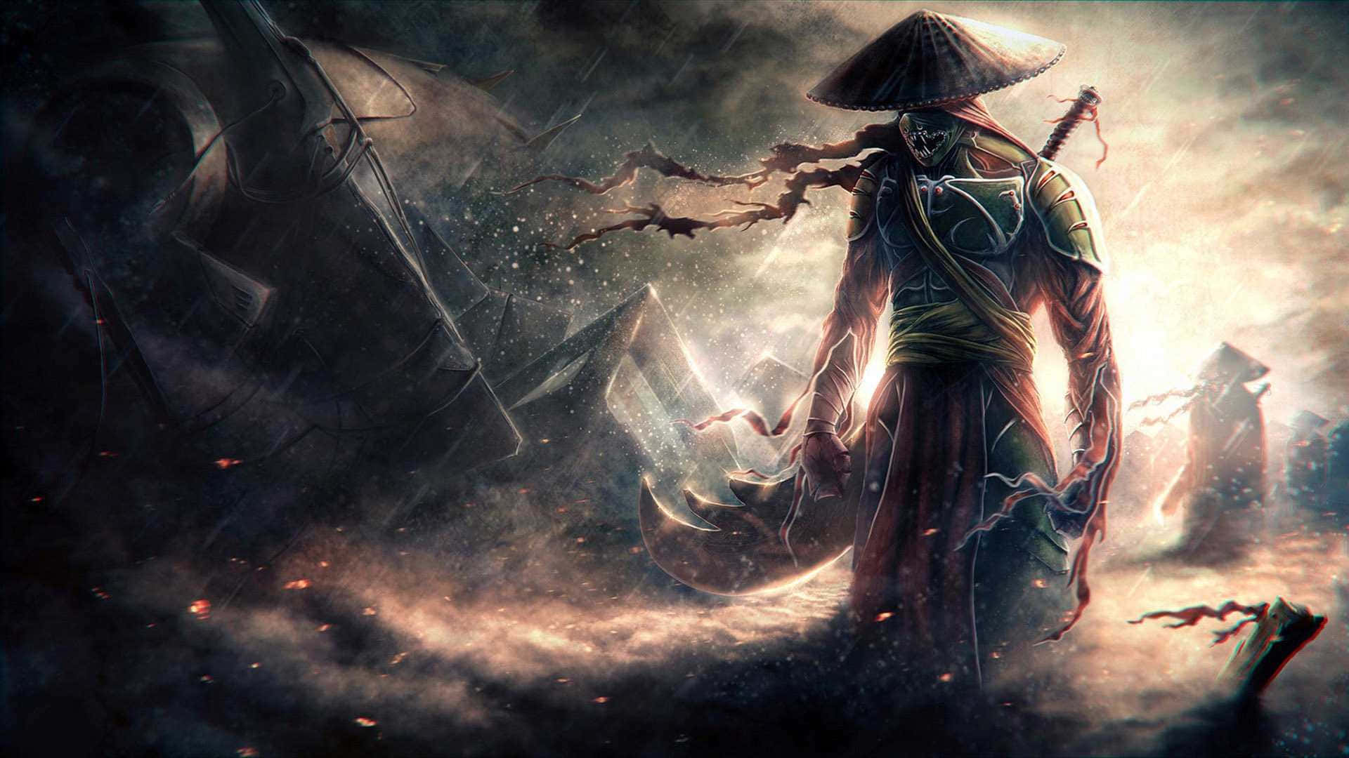 Ronin 桌布 壁紙 — 一個戴著兜帽的戰士手持發光劍，站在風暴廢墟中，天空戲劇性。