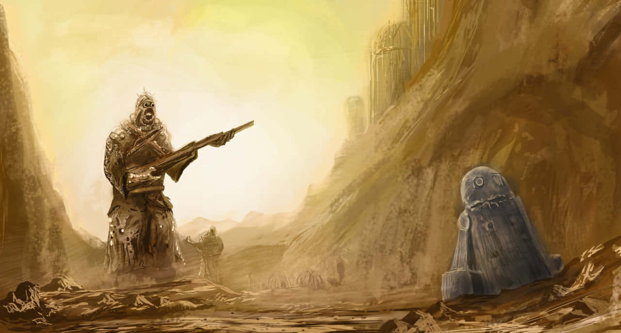 Tusken Raiders 桌布 壁紙 — 一個戴著兜帽的戰士拿著步槍，站在塵土飛揚的峽谷中，面對一個藍色圓頂形狀的外星生物。