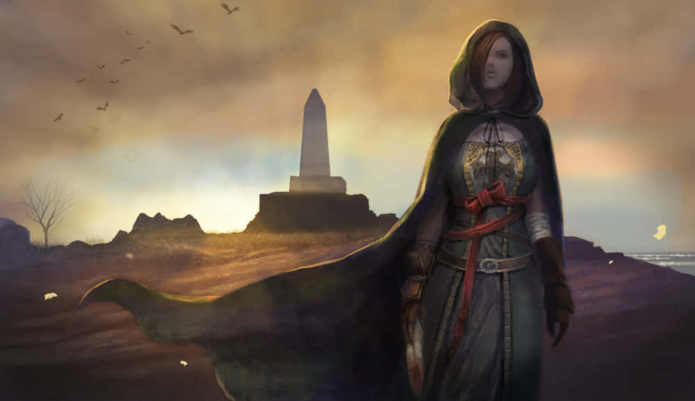 Dark Souls Emerald Herald 桌布 壁紙 — 一個戴著兜帽的戰士站在遠處的方尖碑前，鳥兒在金色的日落天空中飛翔。