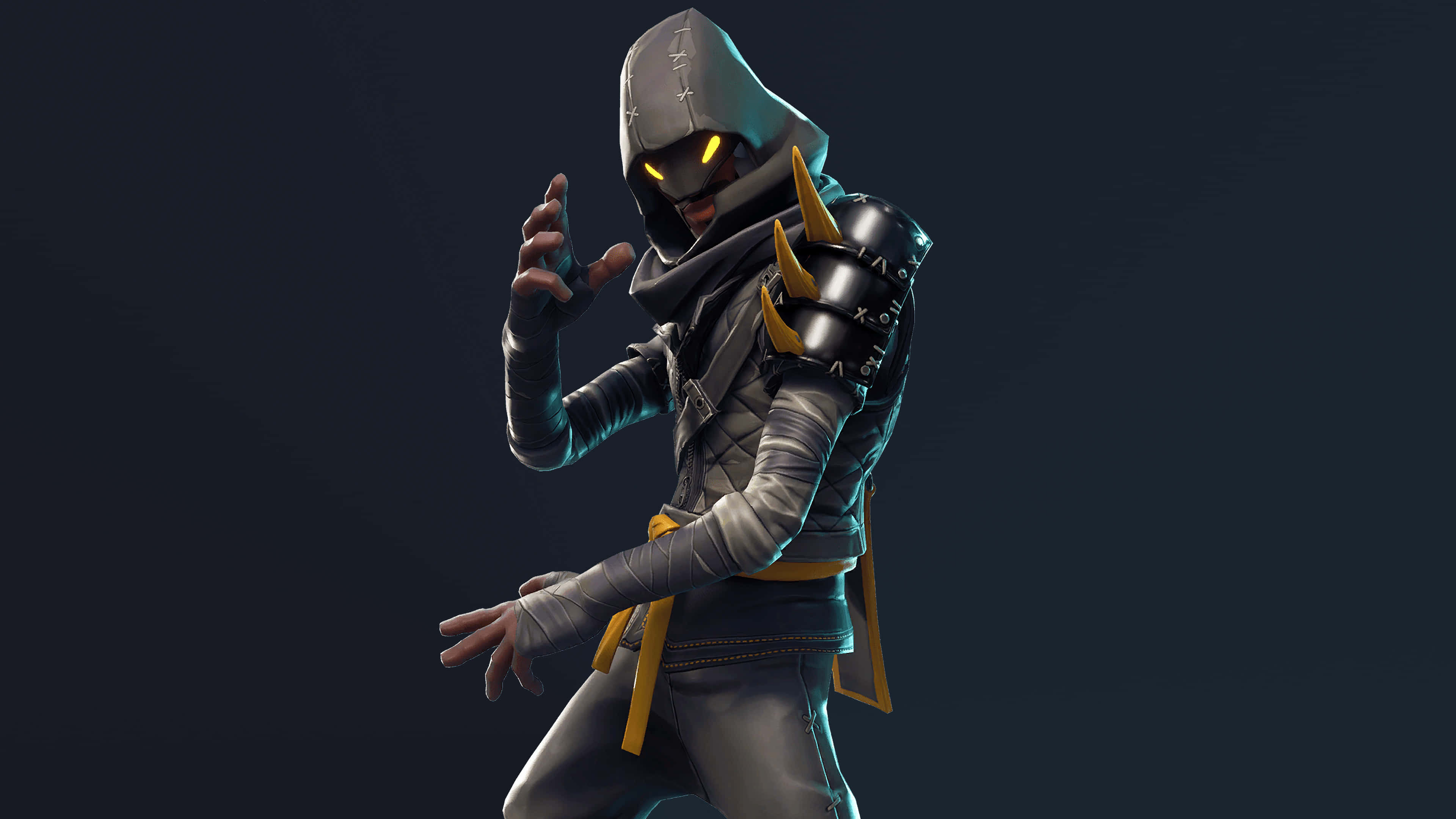 Fortnite Skins Battle Royale 桌布 壁紙 — 一個戴著兜帽的數碼角色，擁有發光的黃色眼睛和金色點綴，在黑暗背景下擺出動態姿勢。